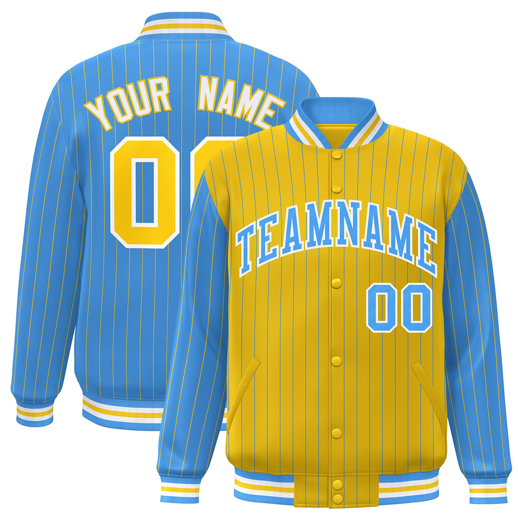 Custom Gold Powder Blue Raglan Sleeves Varsity Full-Snap Pinstripe Letterman Baseball Jacket