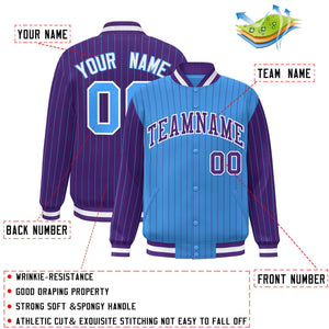 Custom Powder Blue Purple Raglan Sleeves Varsity Full-Snap Pinstripe Letterman Baseball Jacket