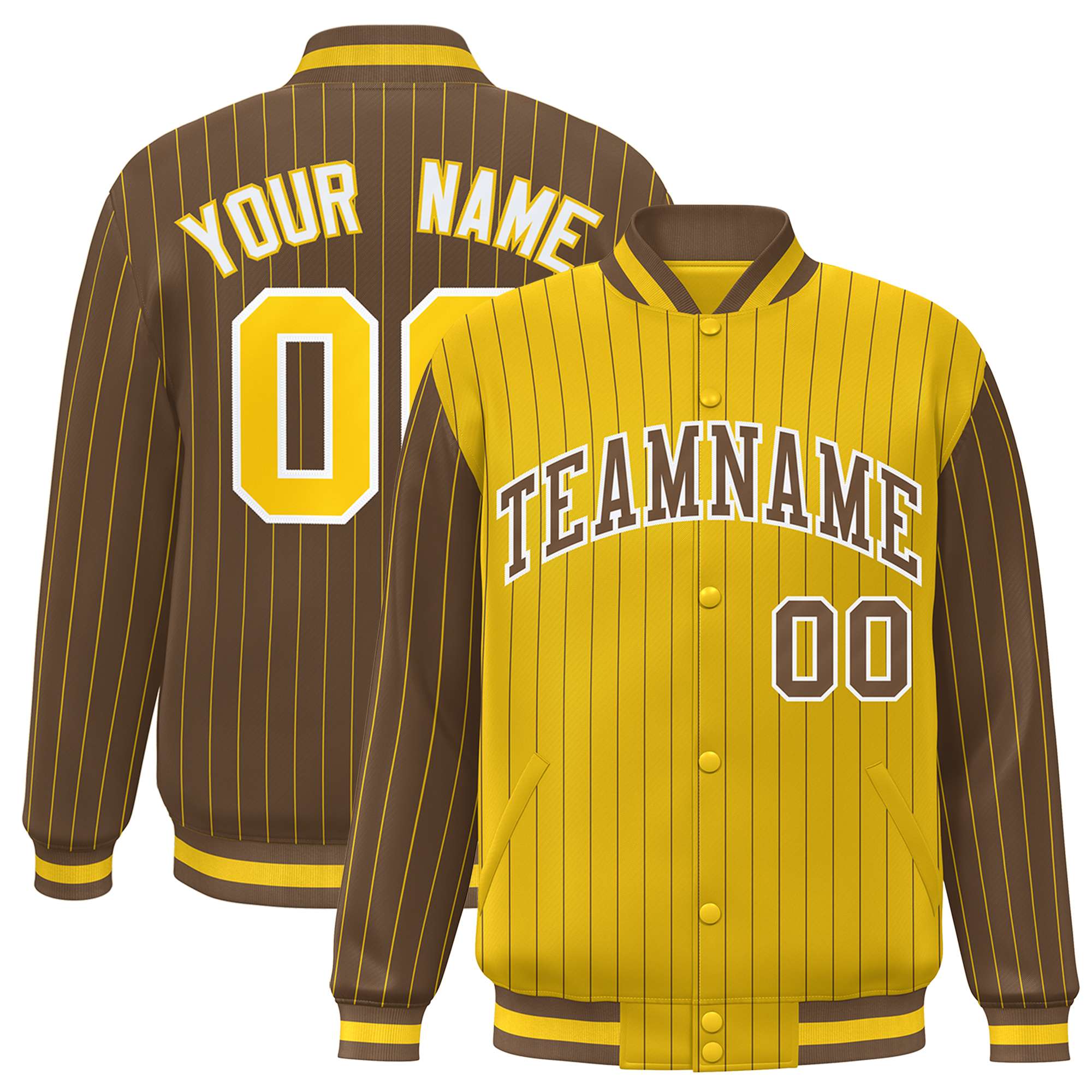 Custom Gold Light Brown Raglan Sleeves Varsity Full-Snap Pinstripe Letterman Baseball Jacket