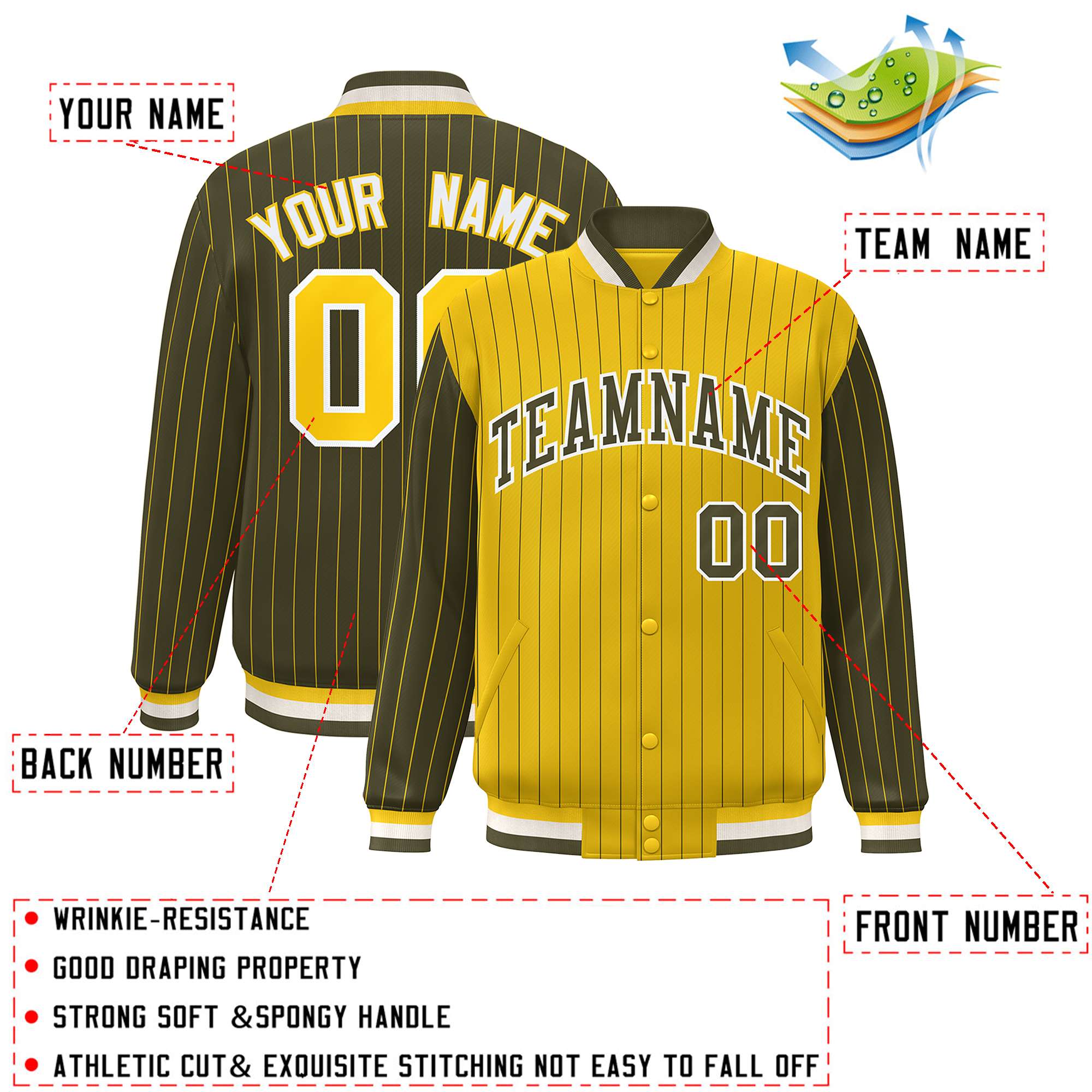 Custom Gold Olive Raglan Sleeves Varsity Full-Snap Pinstripe Letterman Baseball Jacket