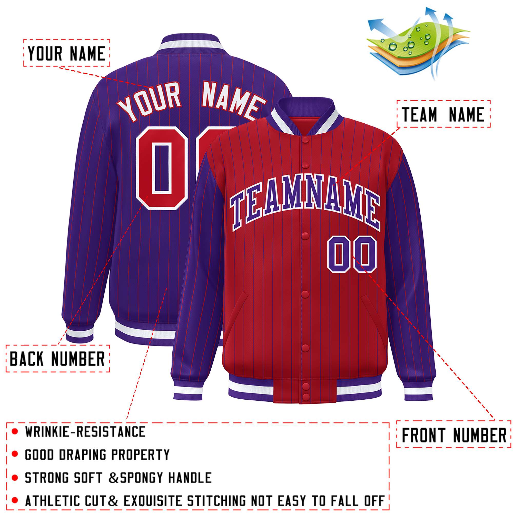 Custom Red Purple Raglan Sleeves Varsity Full-Snap Pinstripe Letterman Baseball Jacket