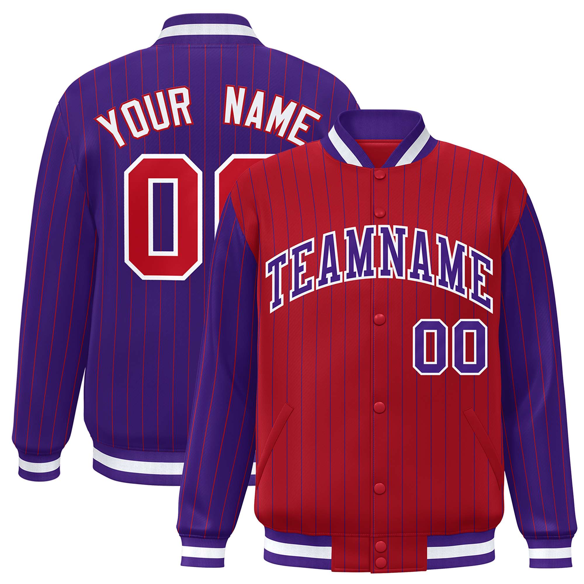 Custom Red Purple Raglan Sleeves Varsity Full-Snap Pinstripe Letterman Baseball Jacket