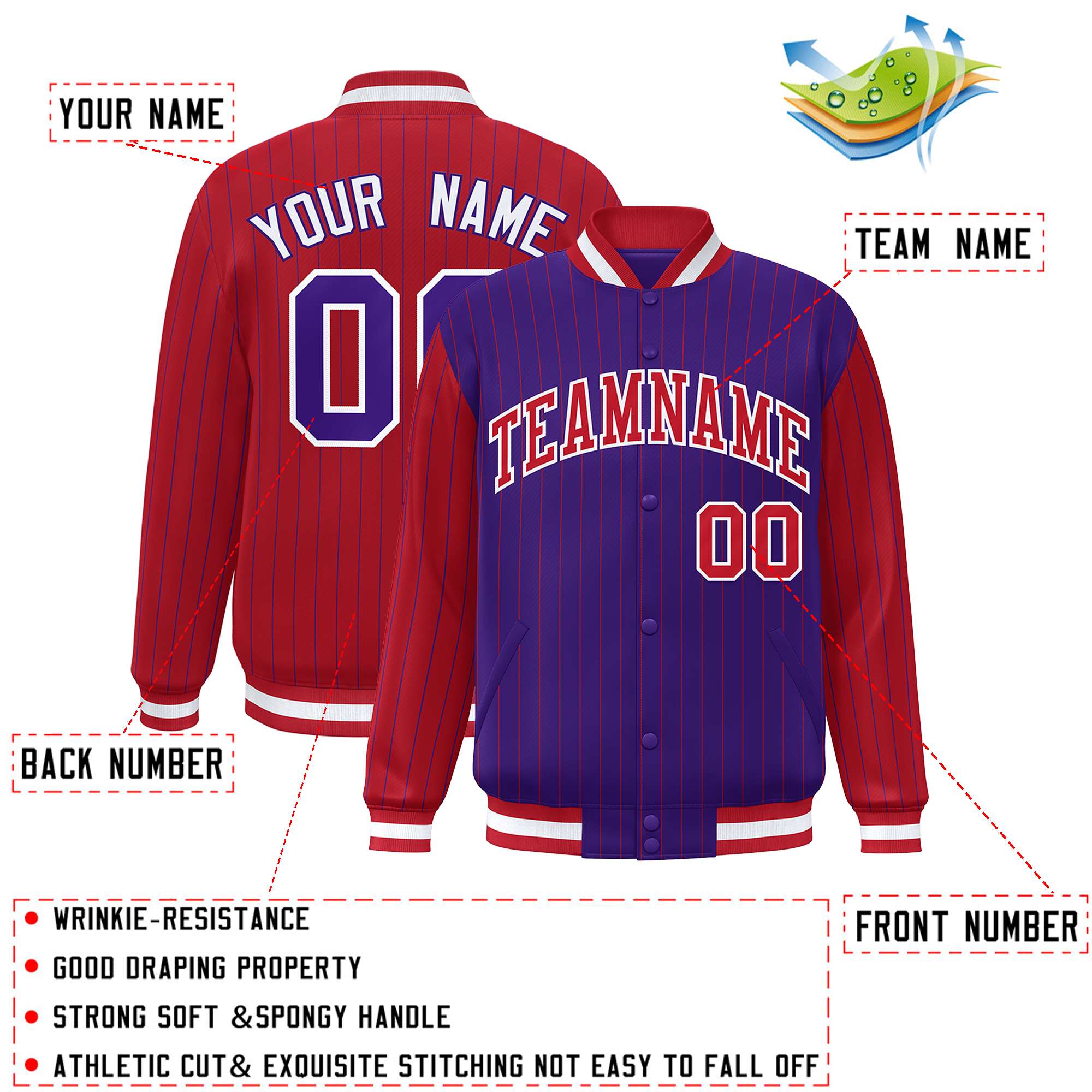 Custom Purple Red Raglan Sleeves Varsity Full-Snap Pinstripe Letterman Baseball Jacket