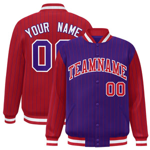 Custom Purple Red Raglan Sleeves Varsity Full-Snap Pinstripe Letterman Baseball Jacket