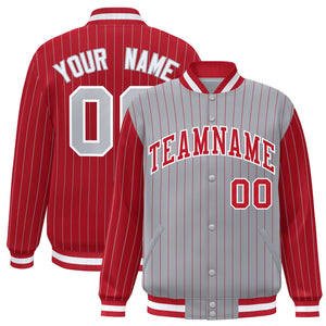 Custom Gray Red Raglan Sleeves Varsity Full-Snap Pinstripe Letterman Baseball Jacket