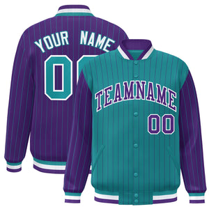 Custom Aqua Purple Raglan Sleeves Varsity Full-Snap Pinstripe Letterman Baseball Jacket