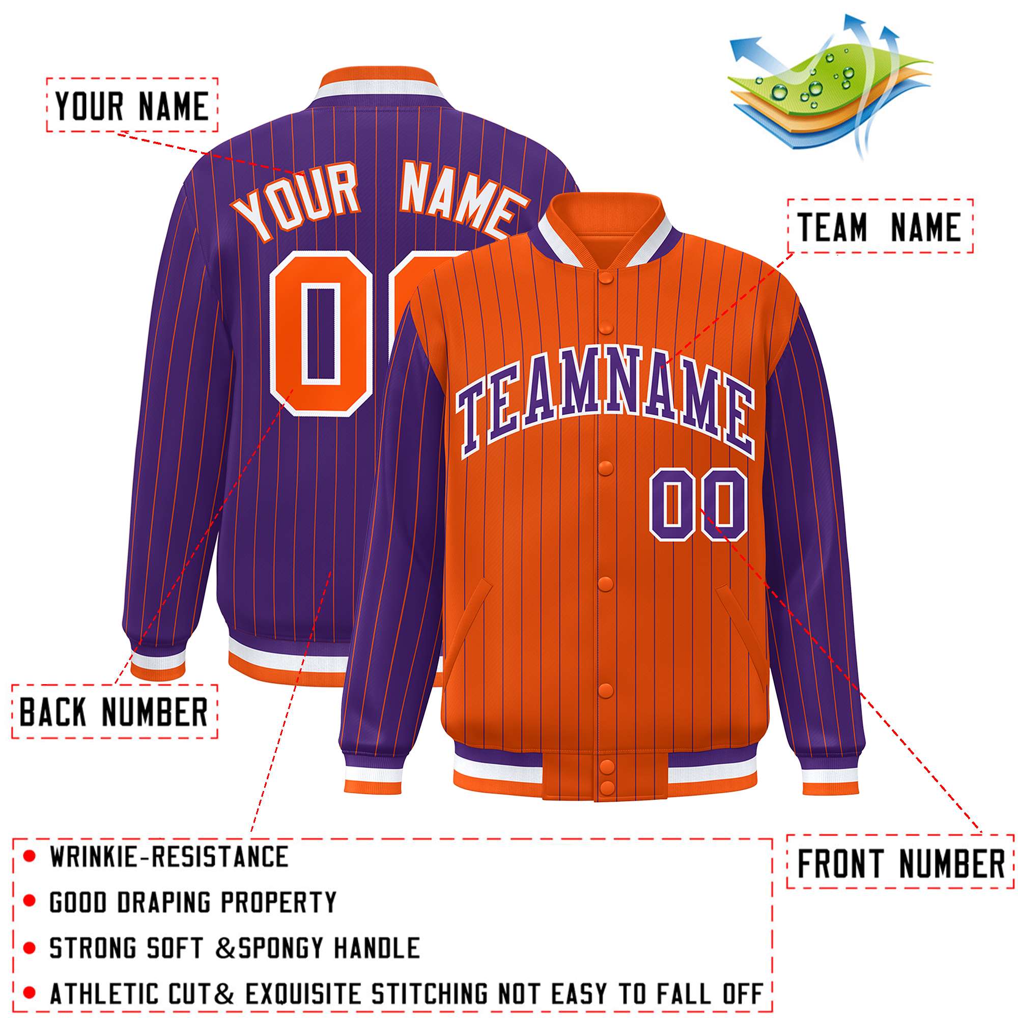 Custom Orange Purple Raglan Sleeves Varsity Full-Snap Pinstripe Letterman Baseball Jacket