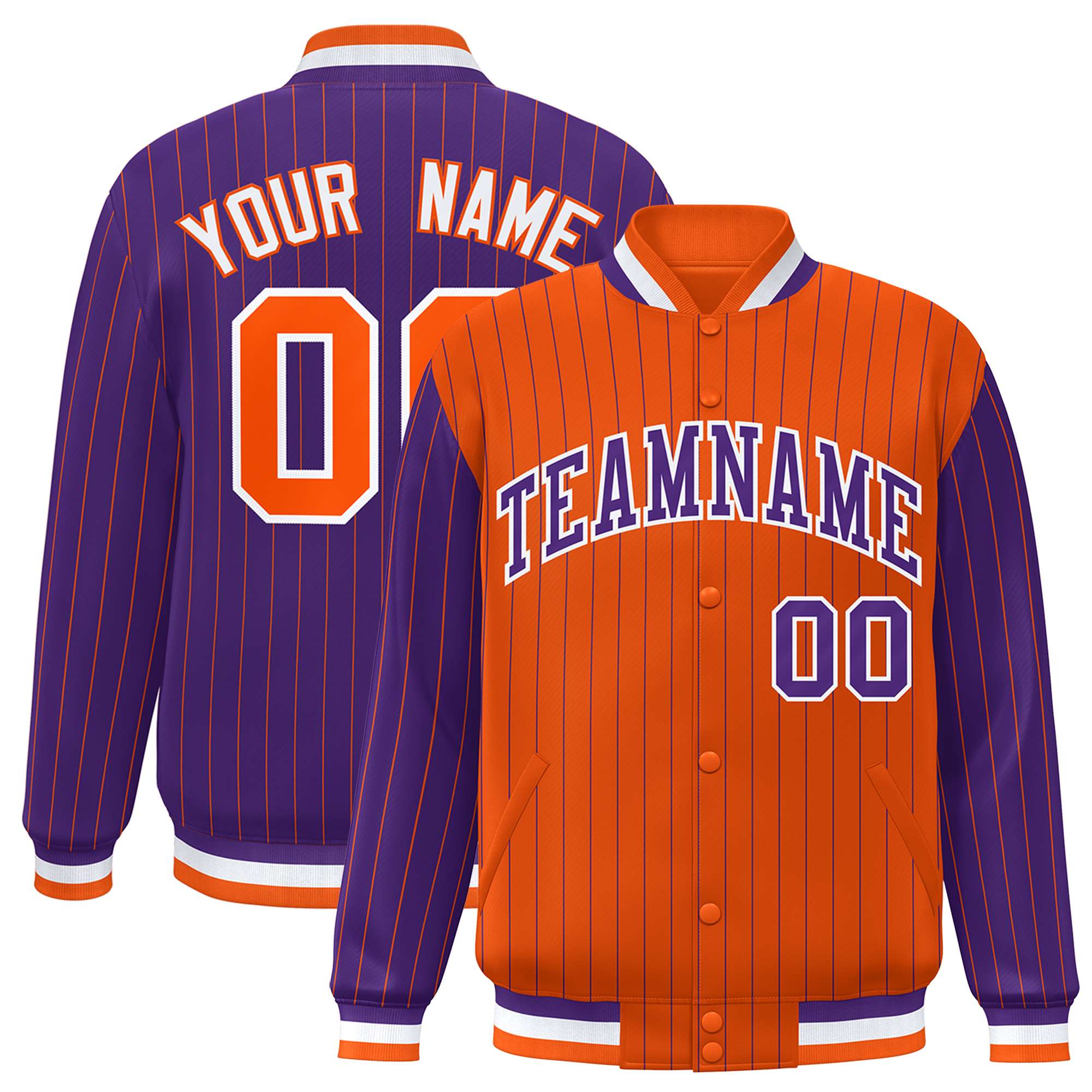 Custom Orange Purple Raglan Sleeves Varsity Full-Snap Pinstripe Letterman Baseball Jacket