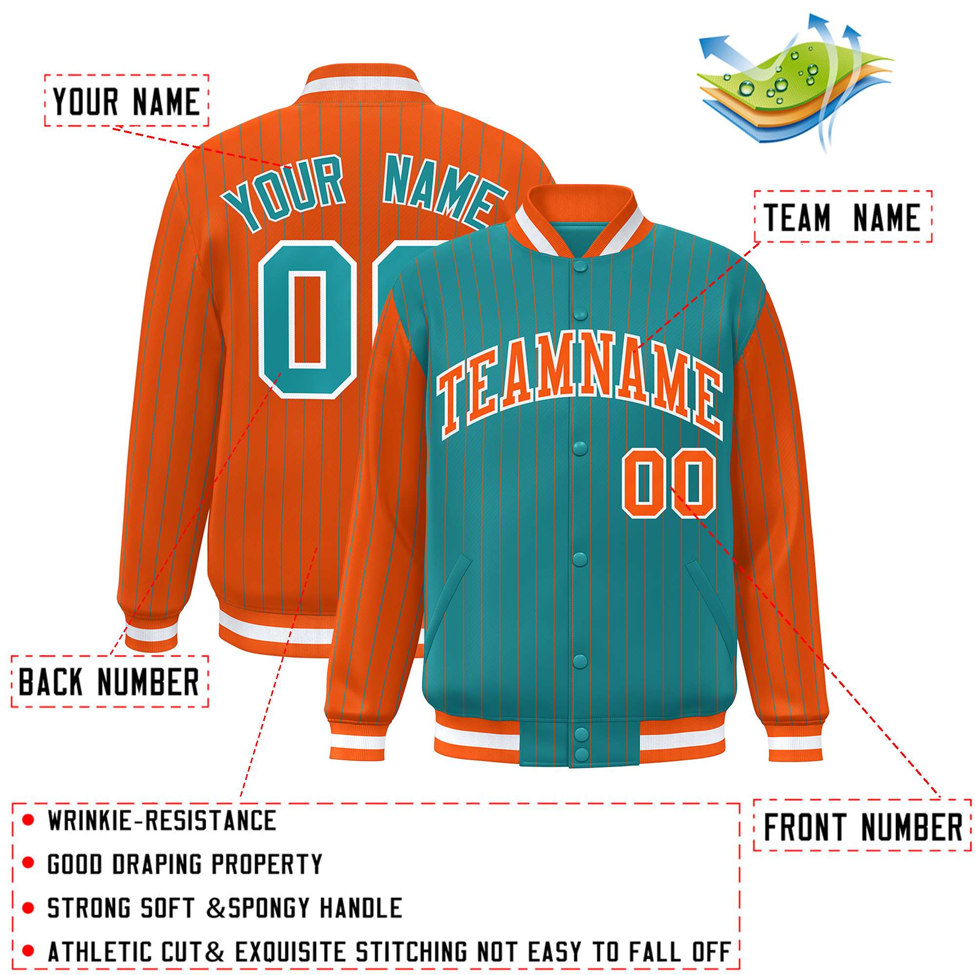 Custom Aqua Orange Raglan Sleeves Varsity Full-Snap Pinstripe Letterman Baseball Jacket