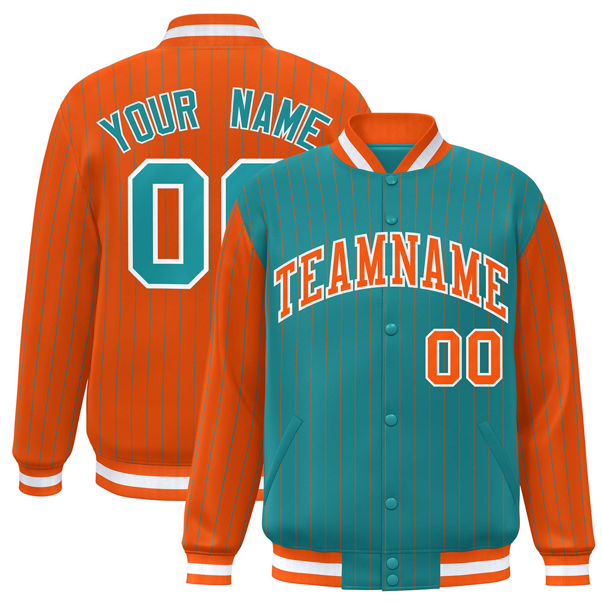 Custom Aqua Orange Raglan Sleeves Varsity Full-Snap Pinstripe Letterman Baseball Jacket