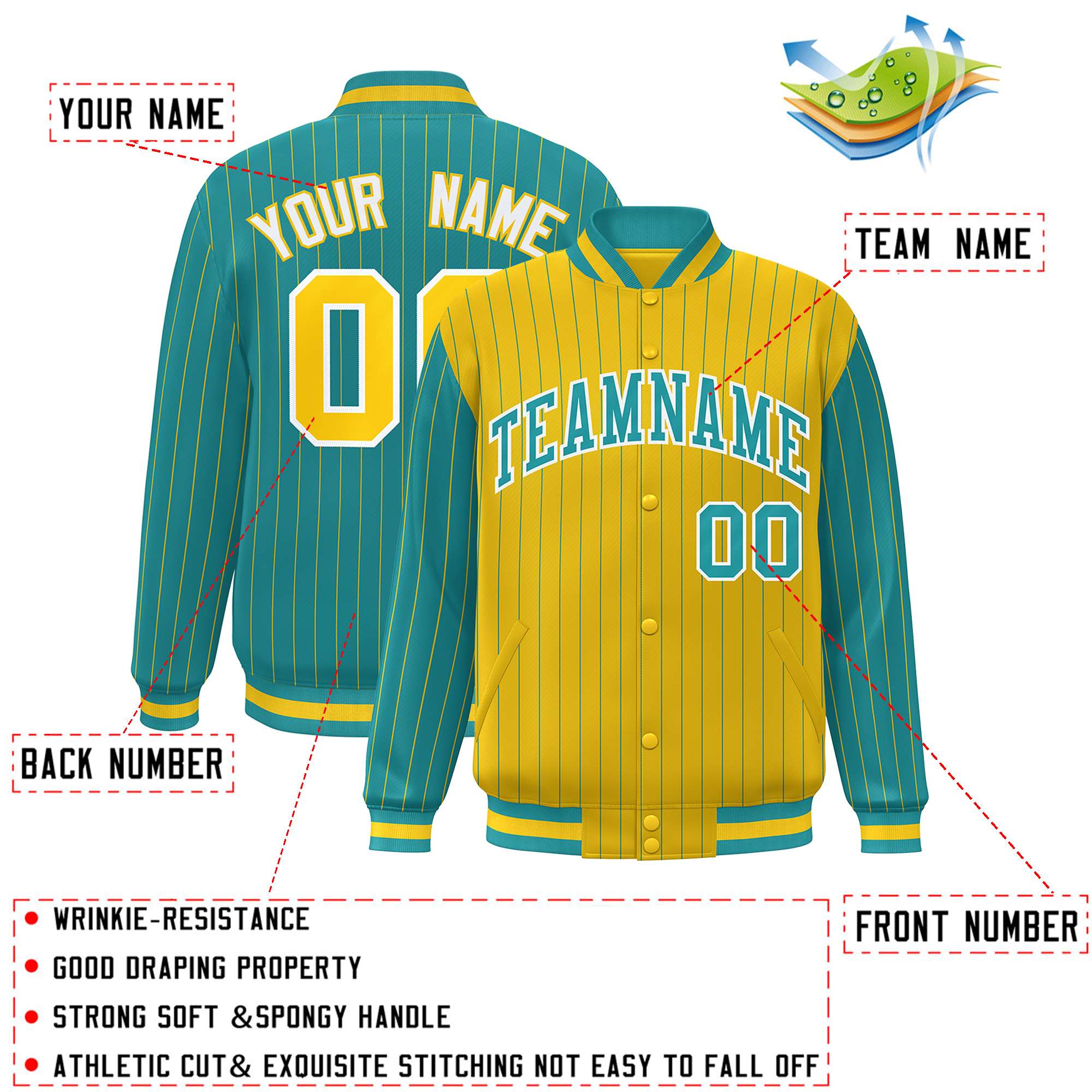 Custom Gold Aqua Raglan Sleeves Varsity Full-Snap Pinstripe Letterman Baseball Jacket