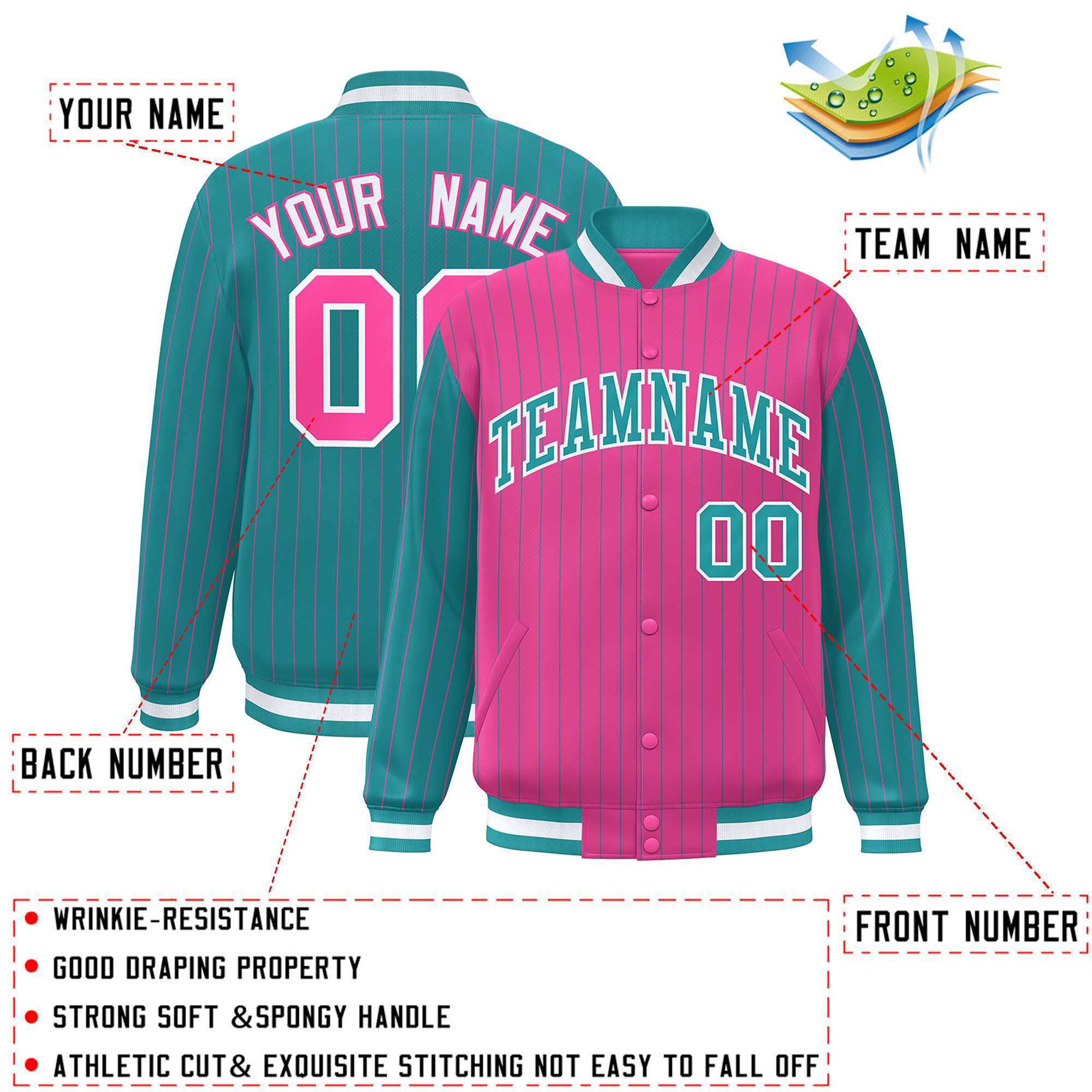 Custom Pink Aqua Raglan Sleeves Varsity Full-Snap Pinstripe Letterman Baseball Jacket