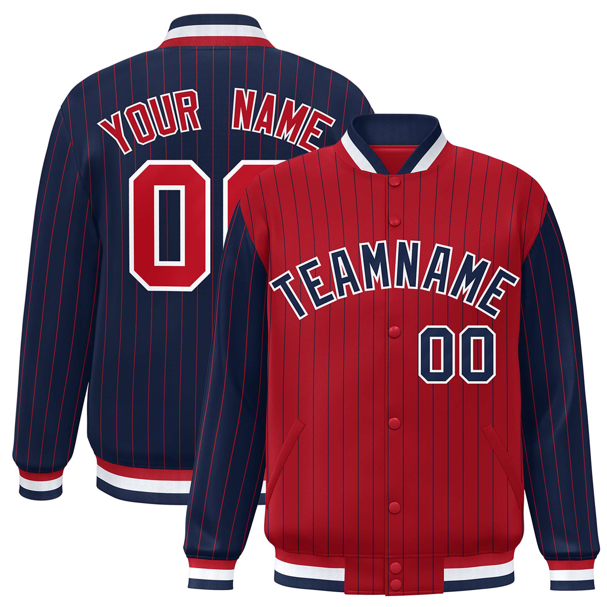 Custom Red Navy Raglan Sleeves Varsity Full-Snap Pinstripe Letterman Baseball Jacket