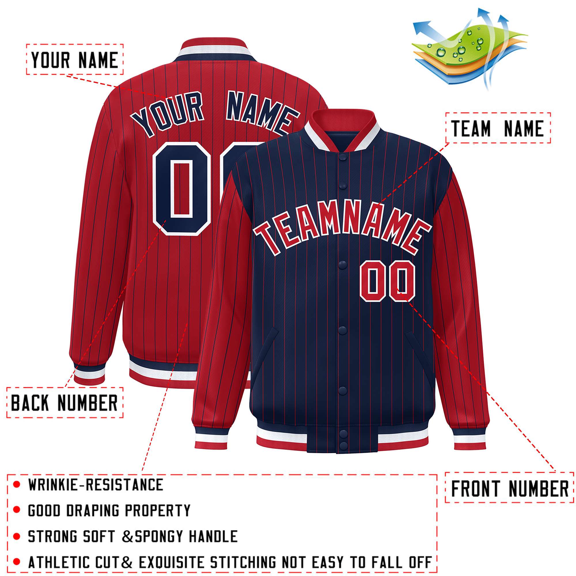 Custom Navy Red Raglan Sleeves Varsity Full-Snap Pinstripe Letterman Baseball Jacket