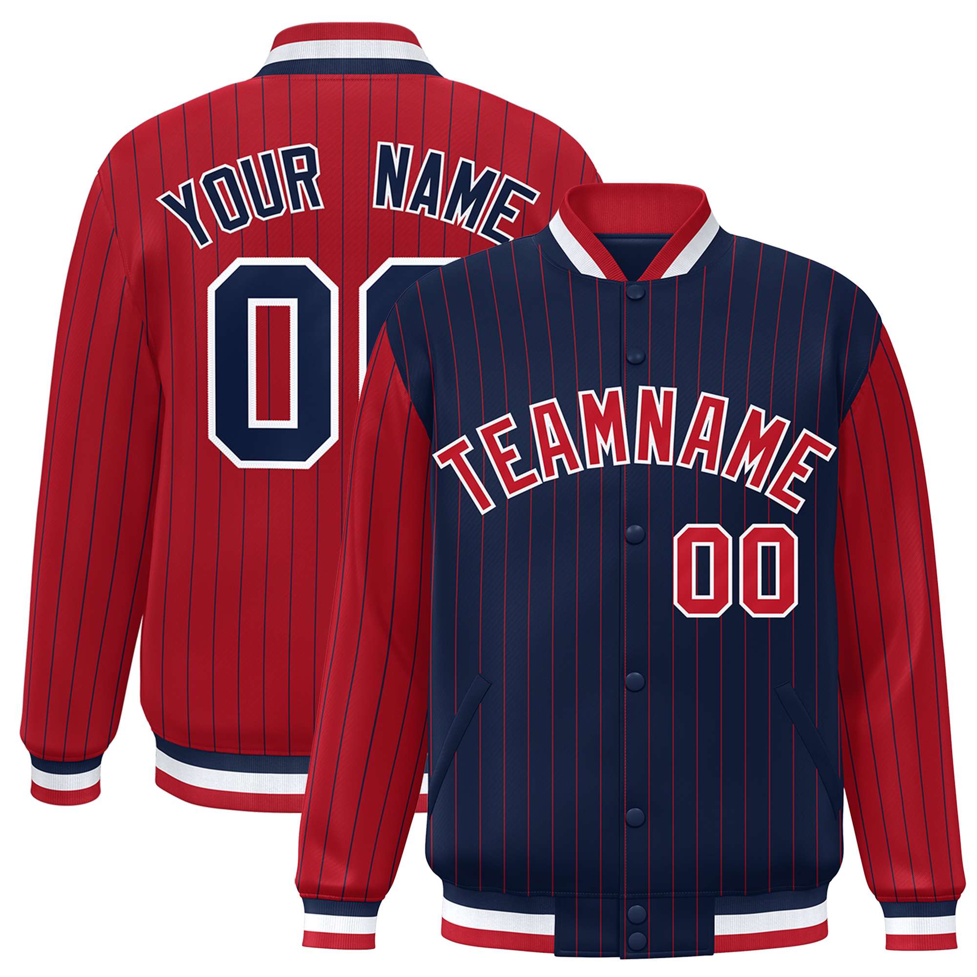 Custom Navy Red Raglan Sleeves Varsity Full-Snap Pinstripe Letterman Baseball Jacket