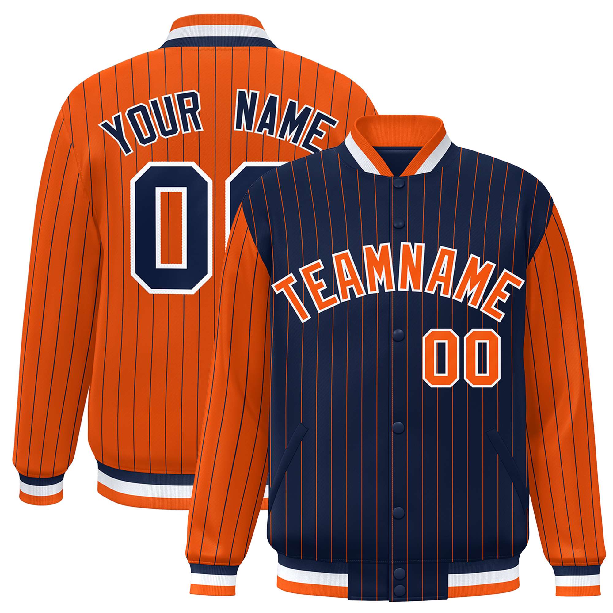 Custom Navy Orange Raglan Sleeves Varsity Full-Snap Pinstripe Letterman Baseball Jacket