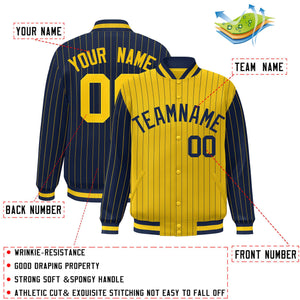 Custom Gold Navy Raglan Sleeves Varsity Full-Snap Pinstripe Letterman Baseball Jacket