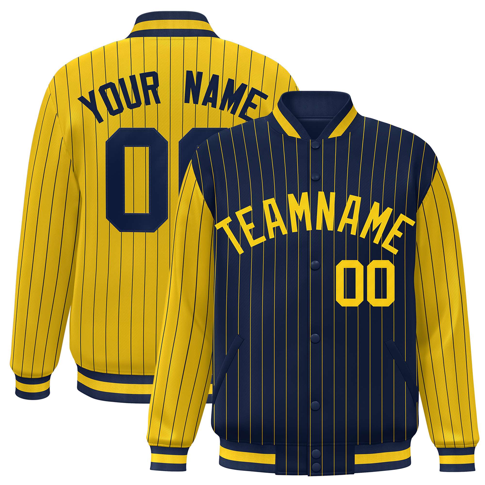 Custom Navy Gold Raglan Sleeves Varsity Full-Snap Pinstripe Letterman Baseball Jacket