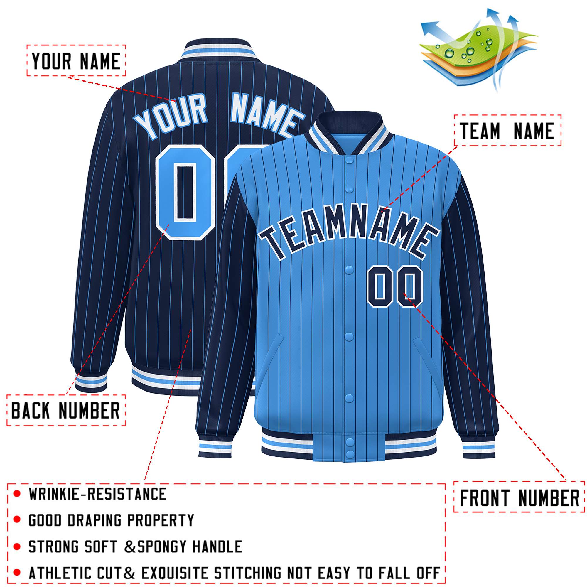 Custom Powder Blue Navy Raglan Sleeves Varsity Full-Snap Pinstripe Letterman Baseball Jacket