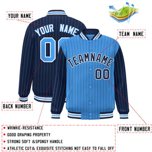 Custom Powder Blue Navy Raglan Sleeves Varsity Full-Snap Pinstripe Letterman Baseball Jacket