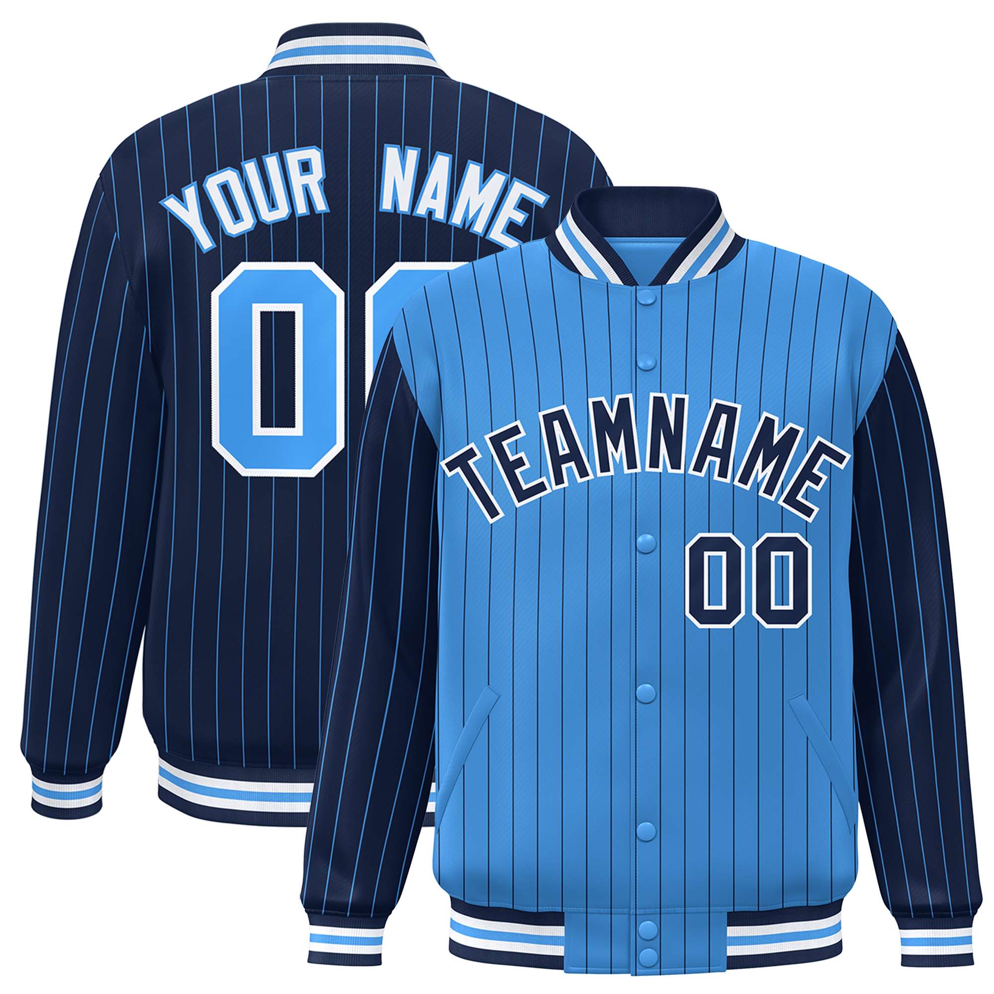 Custom Powder Blue Navy Raglan Sleeves Varsity Full-Snap Pinstripe Letterman Baseball Jacket