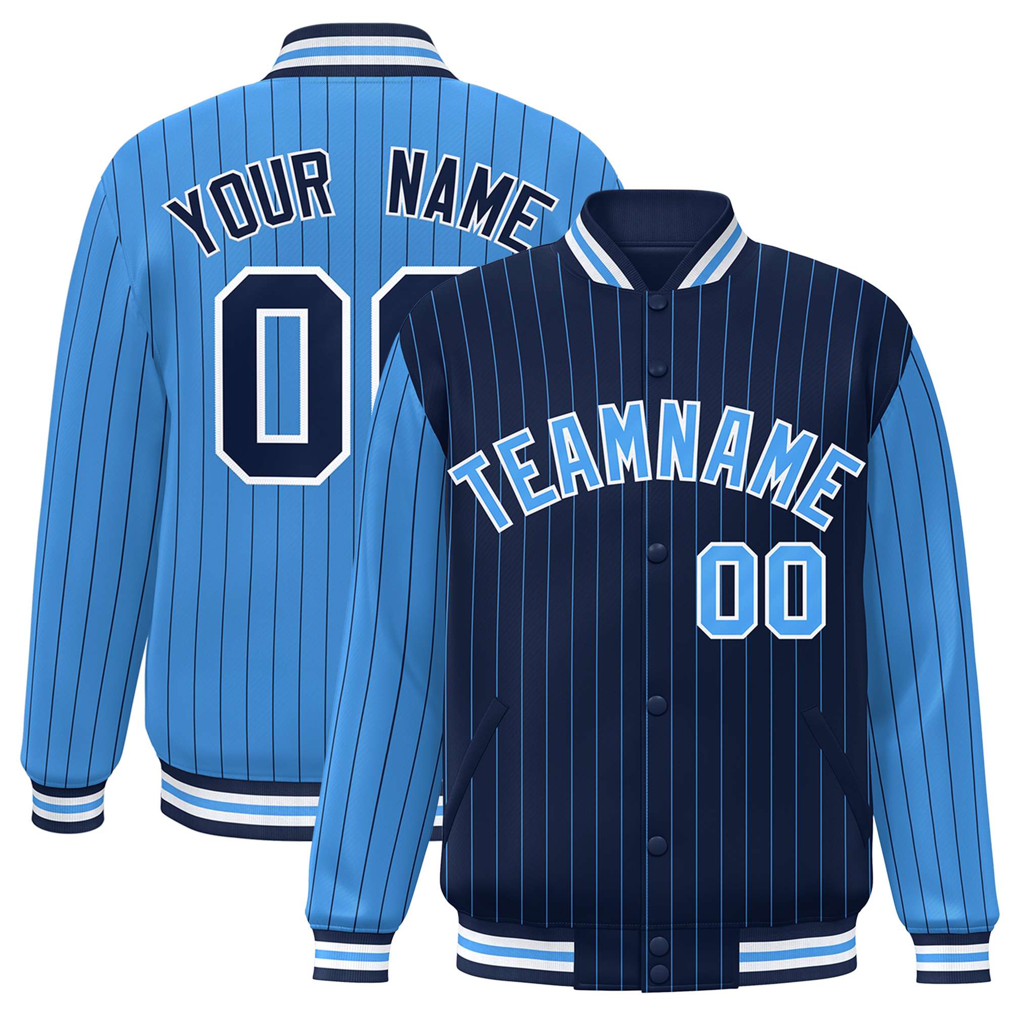 Custom Navy Powder Blue Raglan Sleeves Varsity Full-Snap Pinstripe Letterman Baseball Jacket