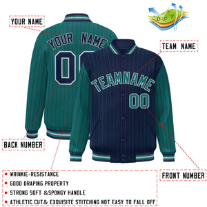 Custom Navy Aqua Raglan Sleeves Varsity Full-Snap Pinstripe Letterman Baseball Jacket