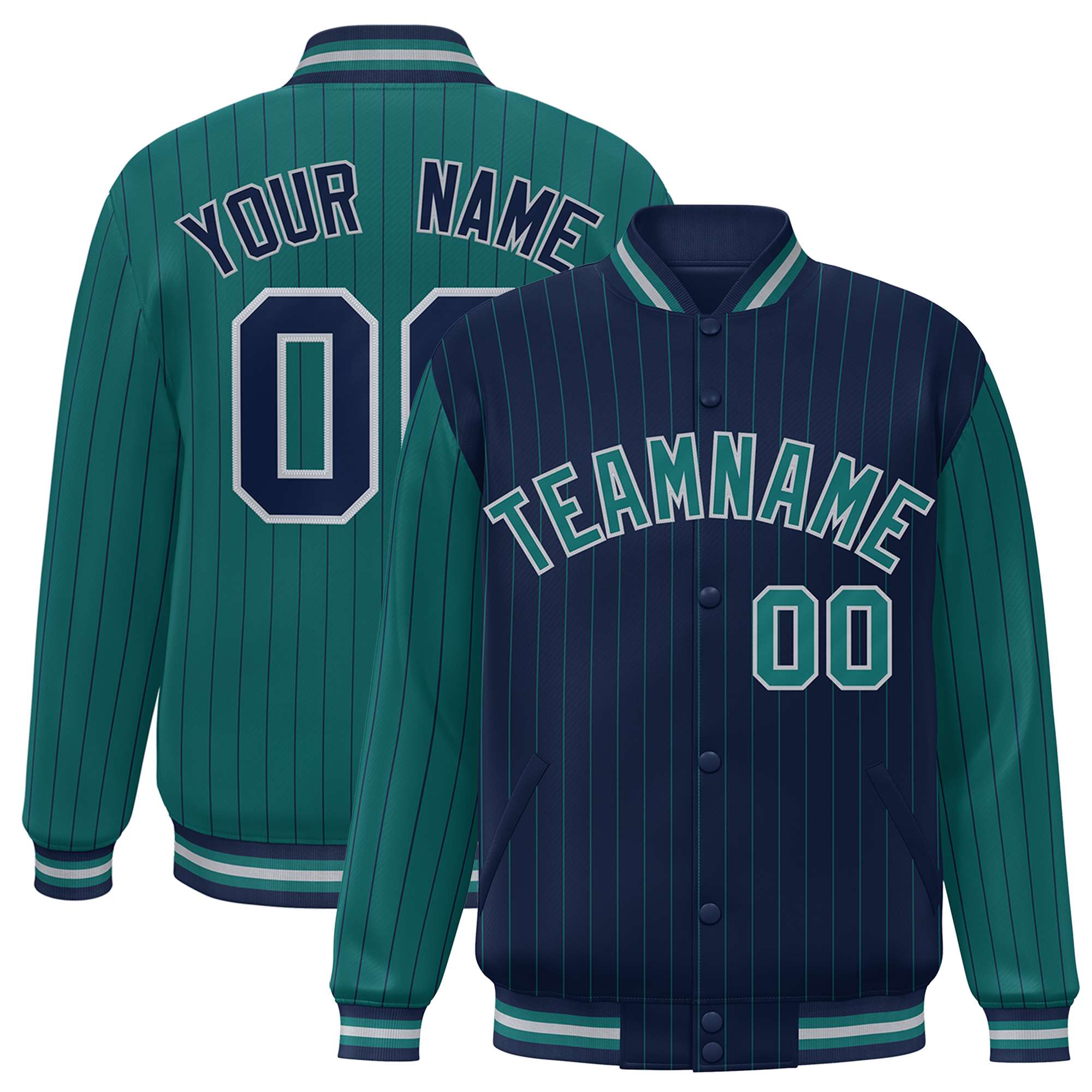 Custom Navy Aqua Raglan Sleeves Varsity Full-Snap Pinstripe Letterman Baseball Jacket