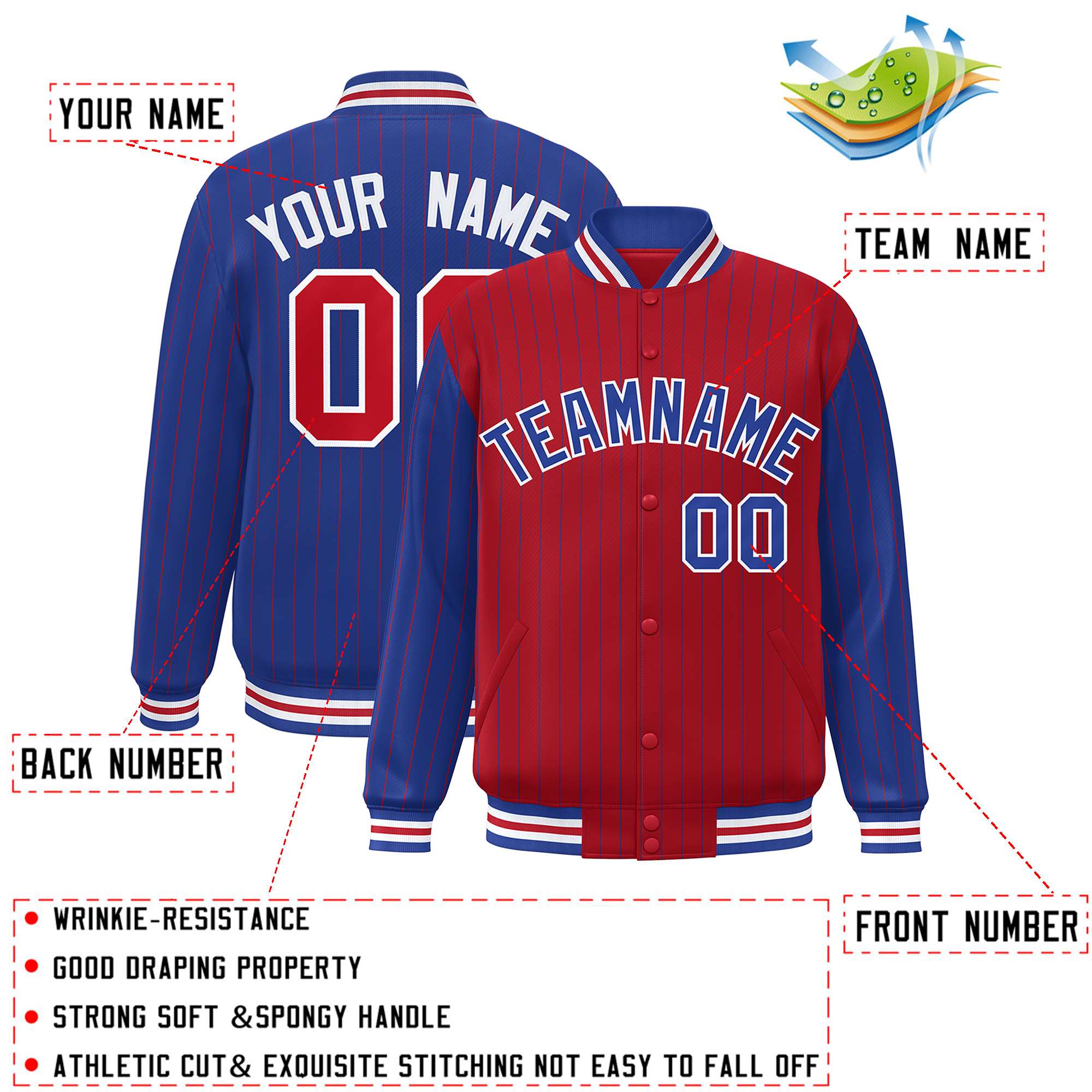 Custom Red Royal Raglan Sleeves Varsity Full-Snap Pinstripe Letterman Baseball Jacket