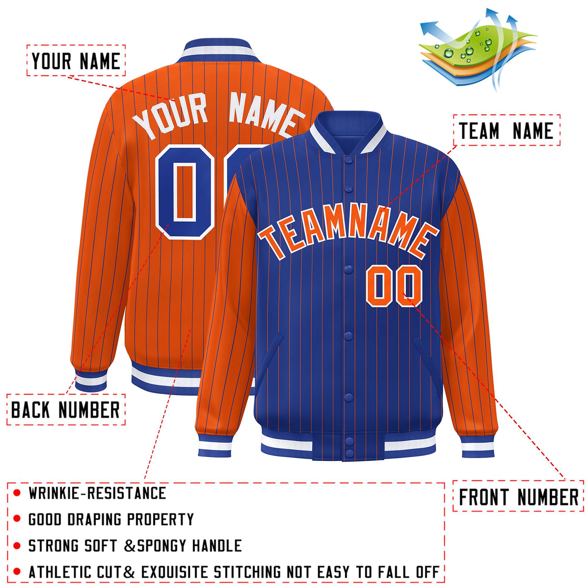 Custom Royal Orange Raglan Sleeves Varsity Full-Snap Pinstripe Letterman Baseball Jacket