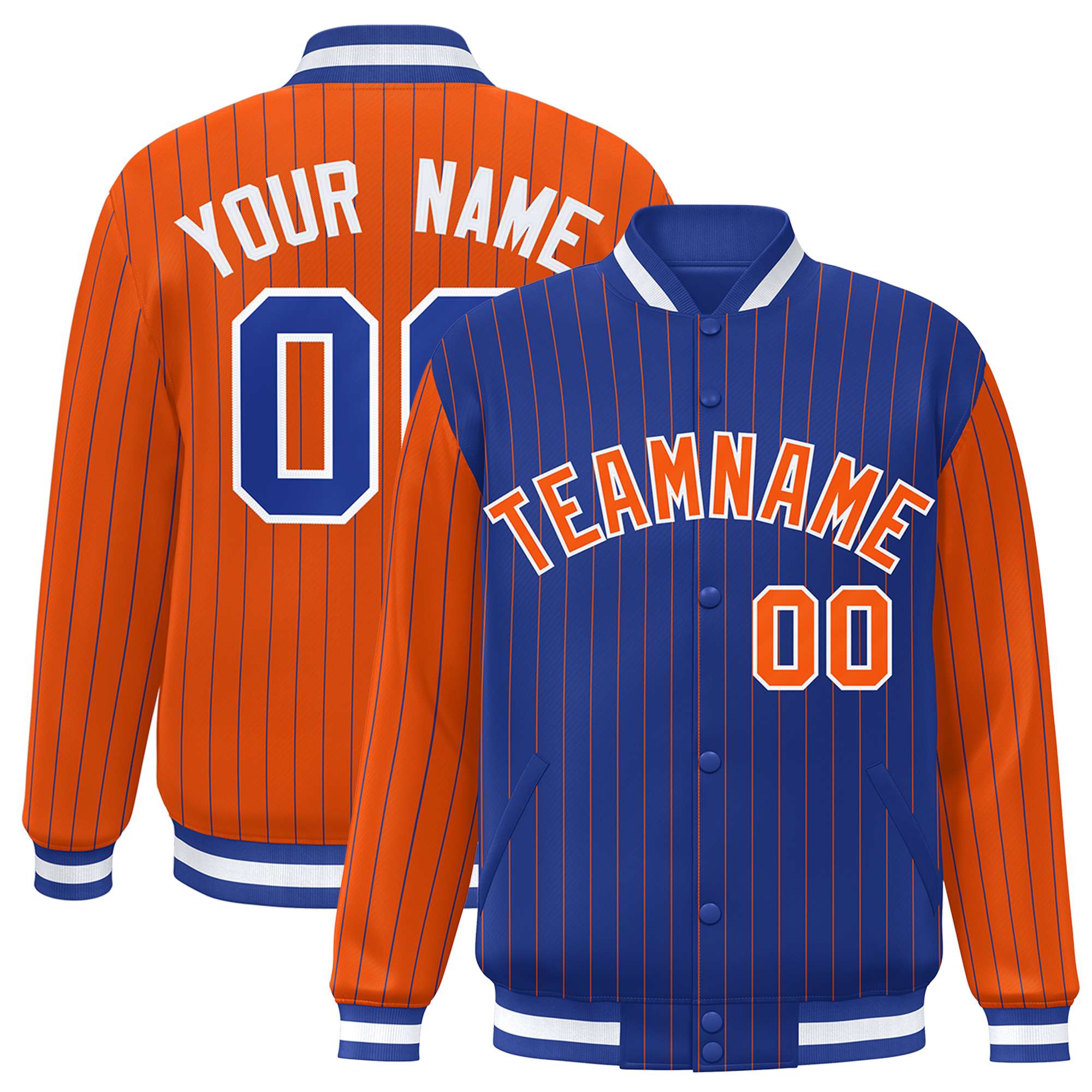 Custom Royal Orange Raglan Sleeves Varsity Full-Snap Pinstripe Letterman Baseball Jacket