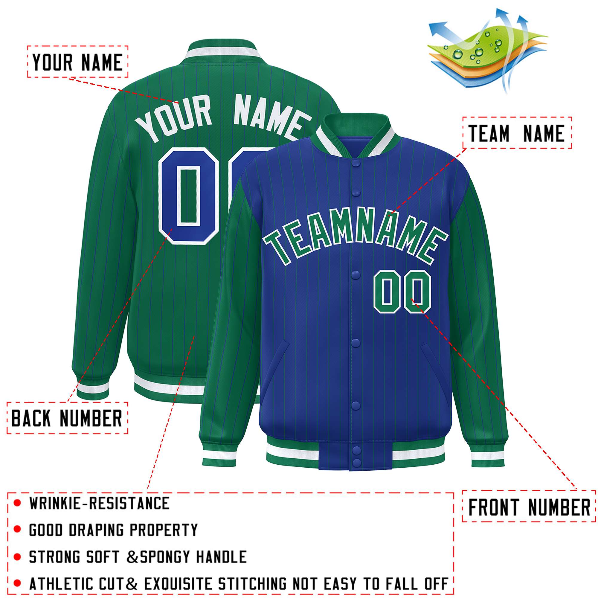 Custom Royal Kelly Green Raglan Sleeves Varsity Full-Snap Pinstripe Letterman Baseball Jacket