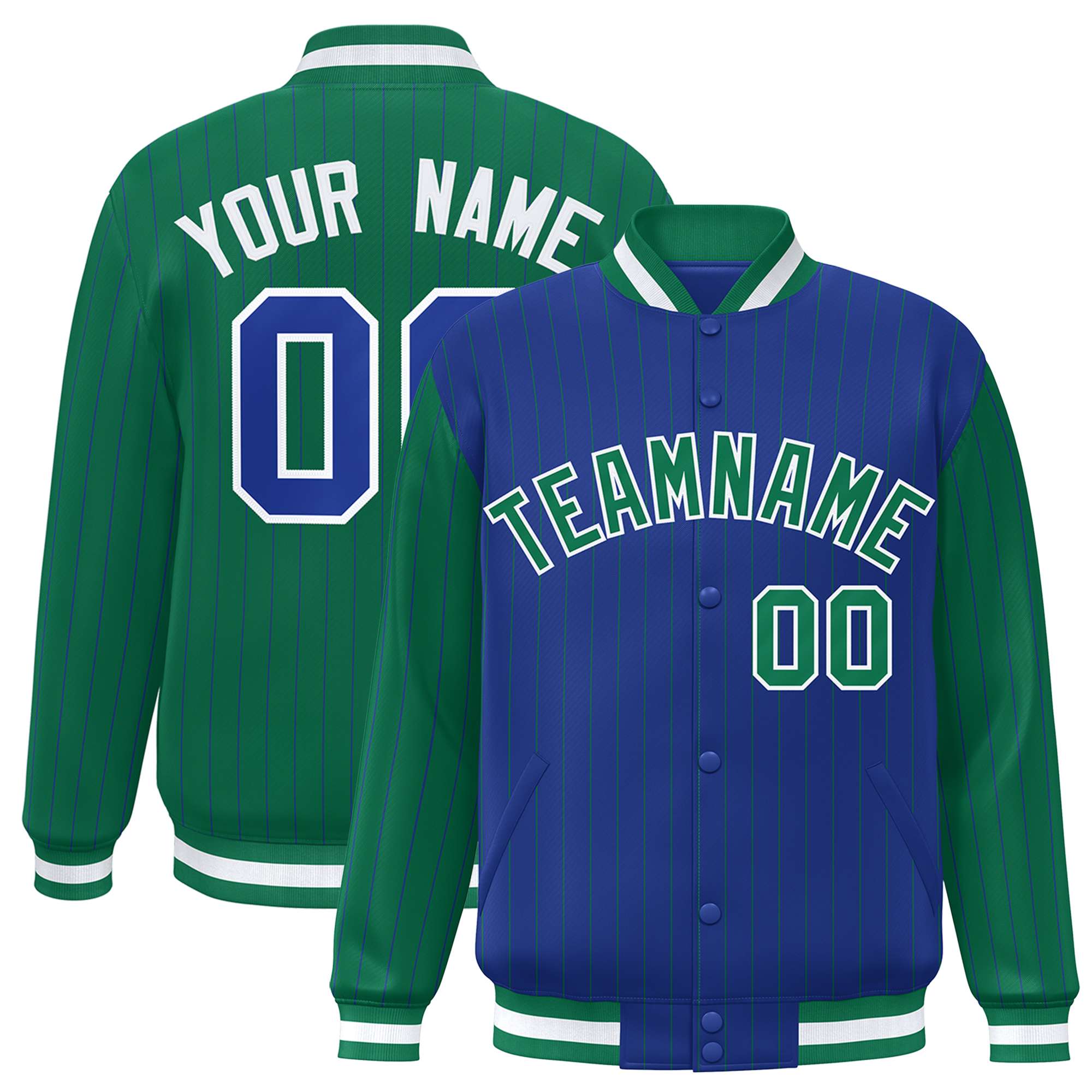 Custom Royal Kelly Green Raglan Sleeves Varsity Full-Snap Pinstripe Letterman Baseball Jacket