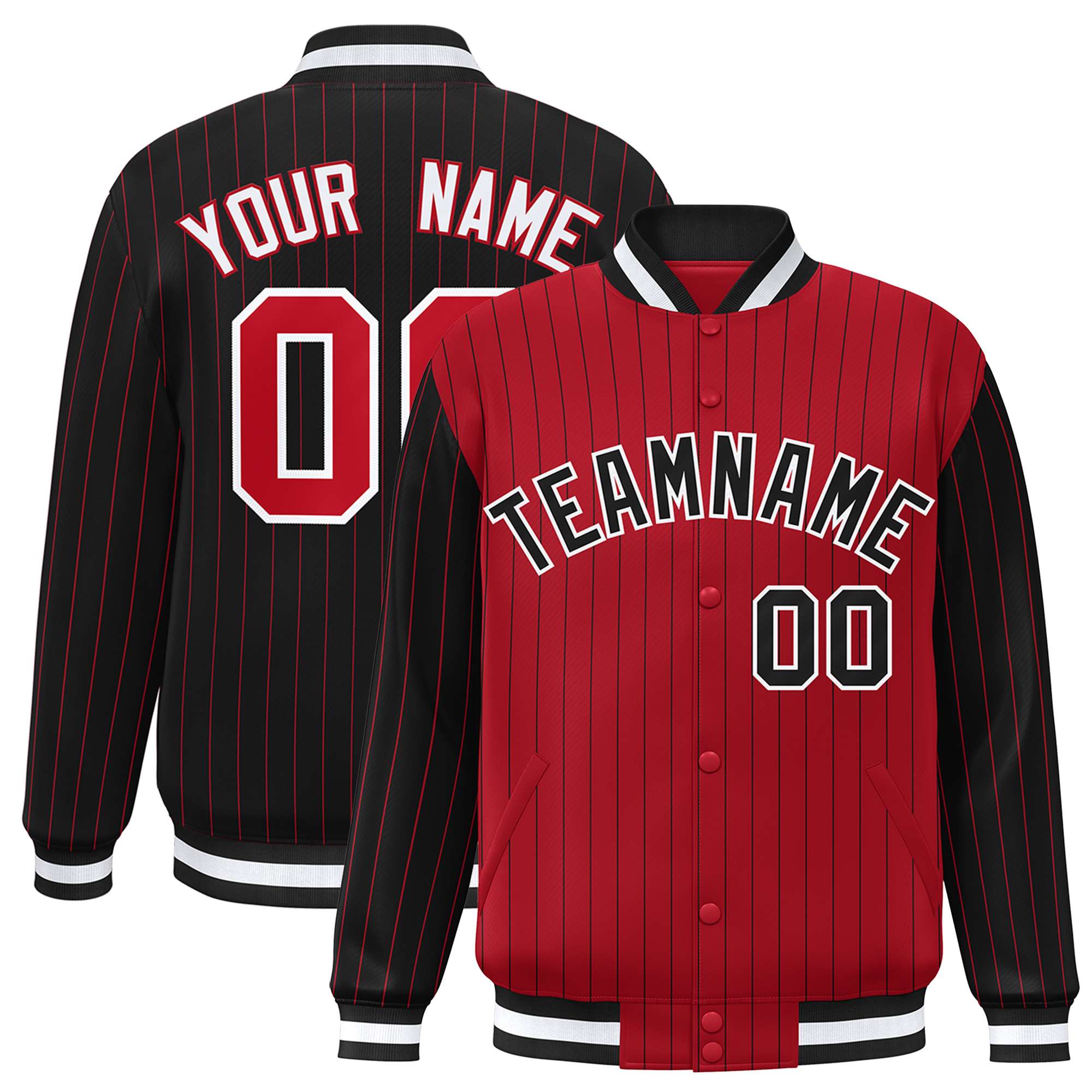 Custom Red Black Raglan Sleeves Varsity Full-Snap Pinstripe Letterman Baseball Jacket