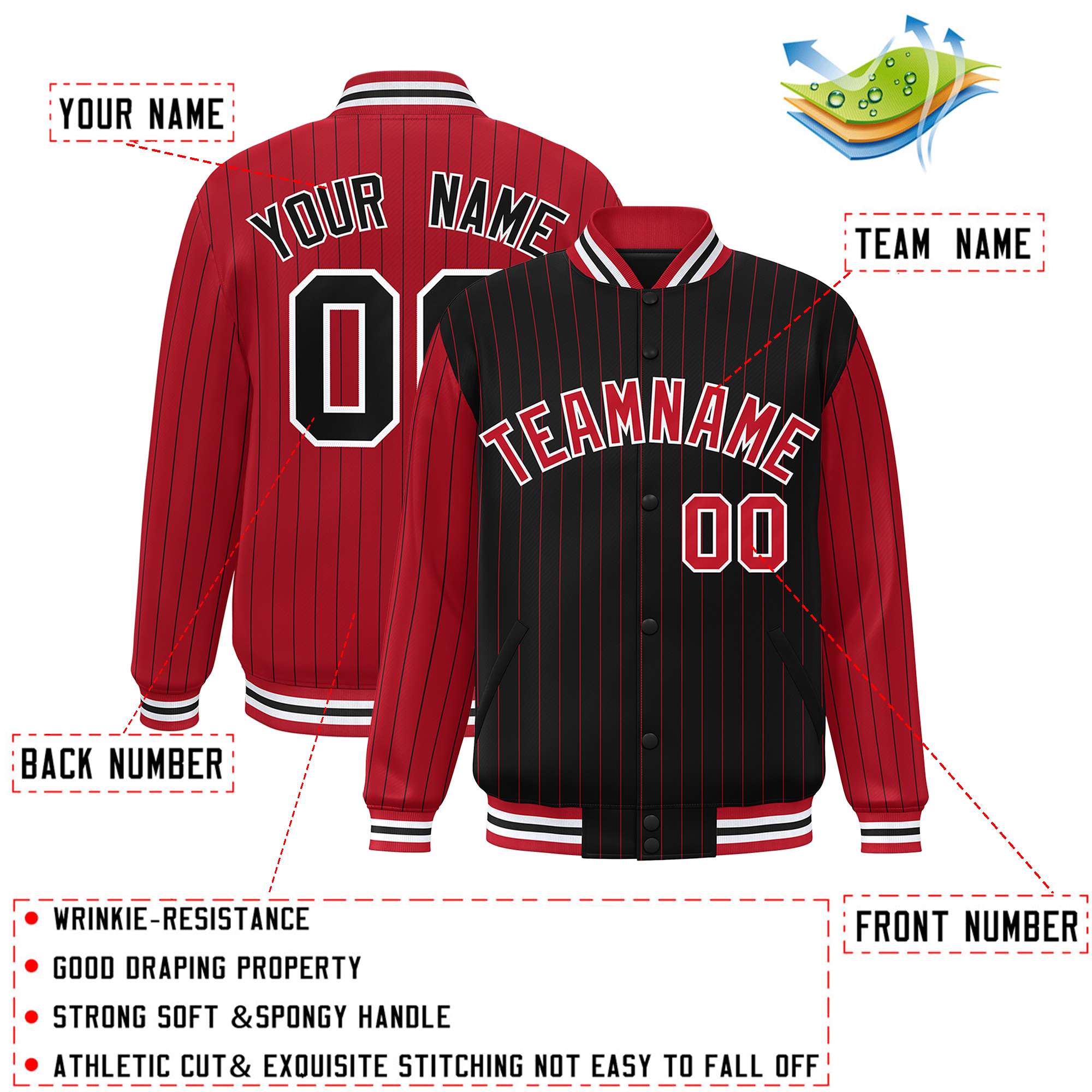 Custom Black Red Raglan Sleeves Varsity Full-Snap Pinstripe Letterman Baseball Jacket