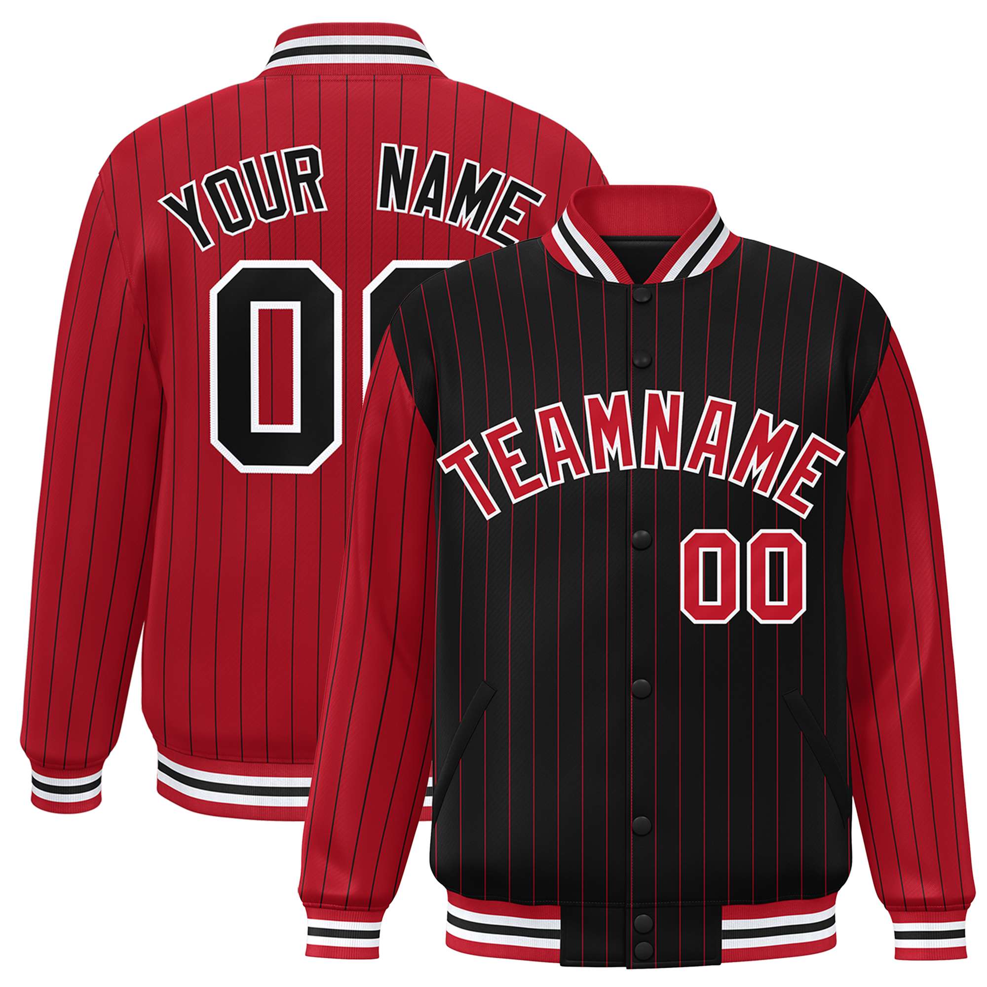 Custom Black Red Raglan Sleeves Varsity Full-Snap Pinstripe Letterman Baseball Jacket