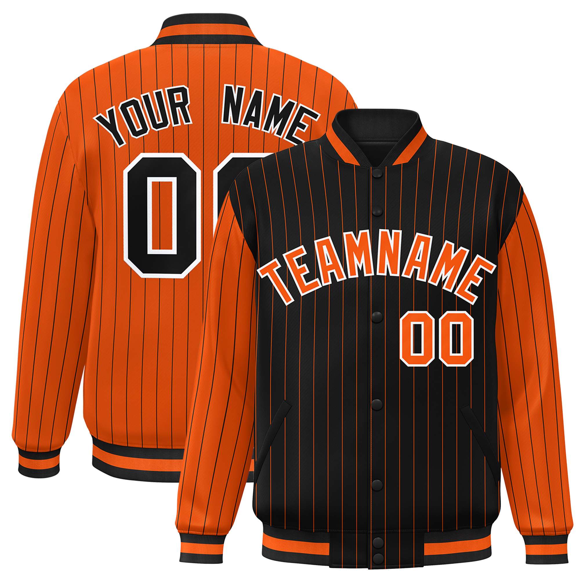 Custom Black Orange Raglan Sleeves Varsity Full-Snap Pinstripe Letterman Baseball Jacket