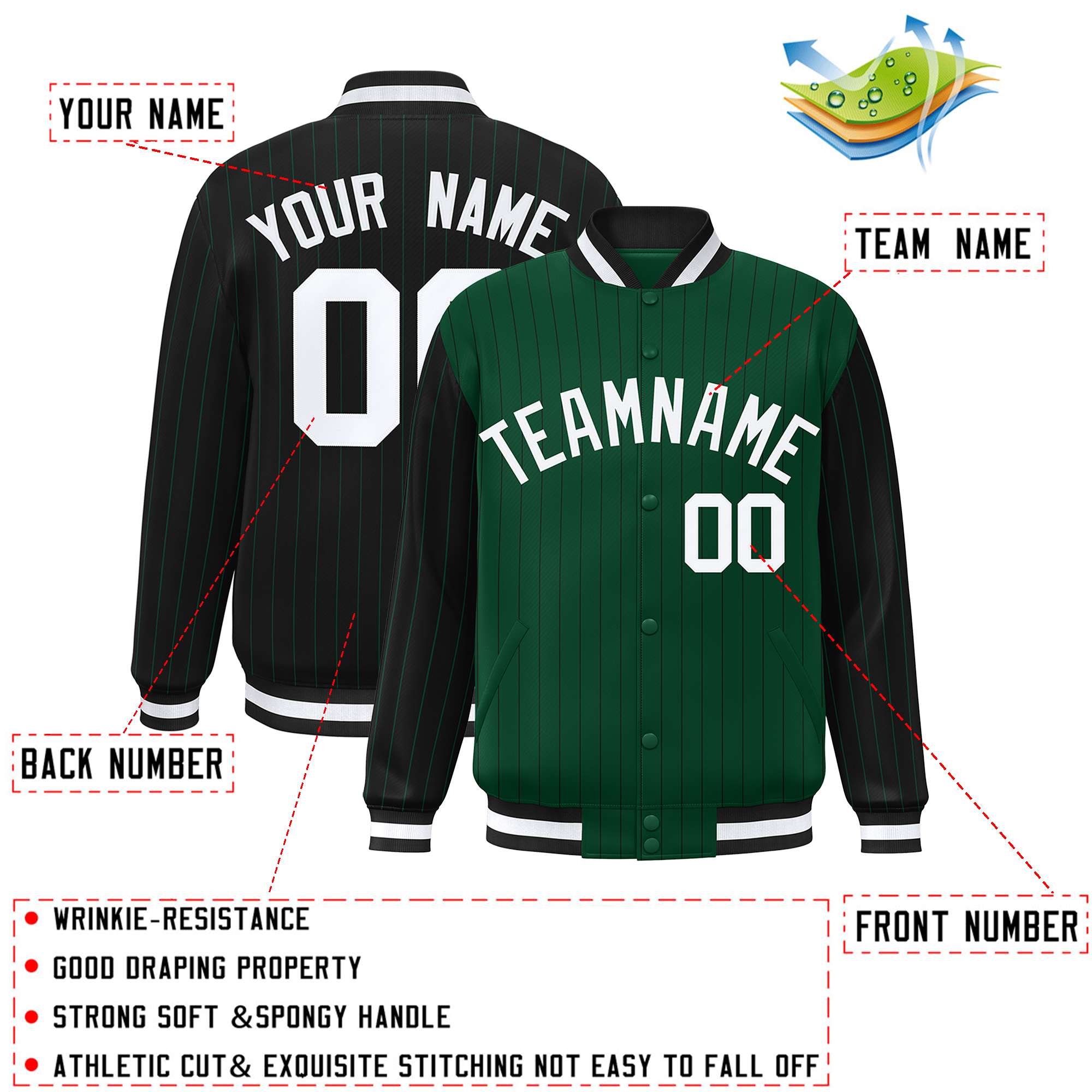 Custom Green Black Raglan Sleeves Varsity Full-Snap Pinstripe Letterman Baseball Jacket