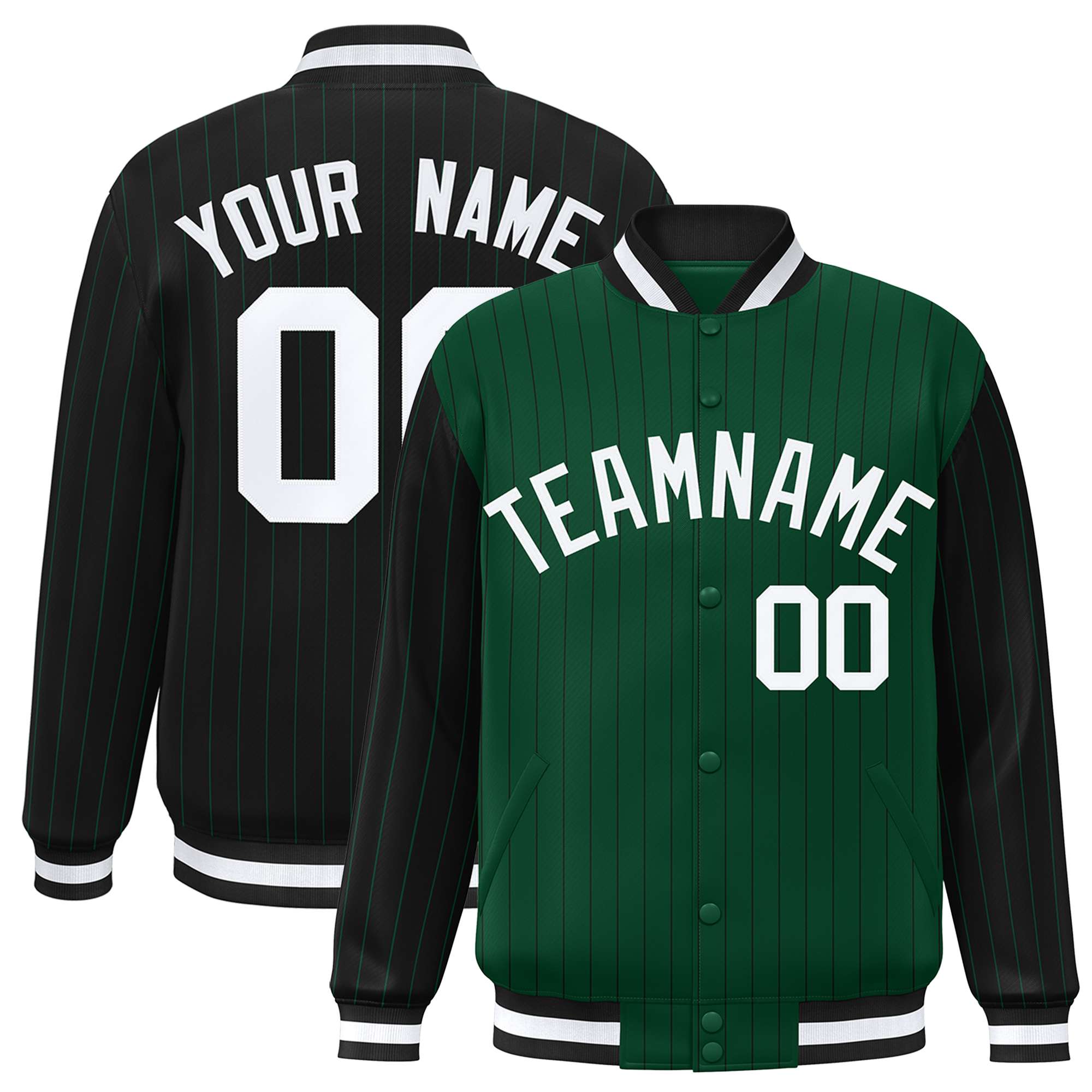 Custom Green Black Raglan Sleeves Varsity Full-Snap Pinstripe Letterman Baseball Jacket