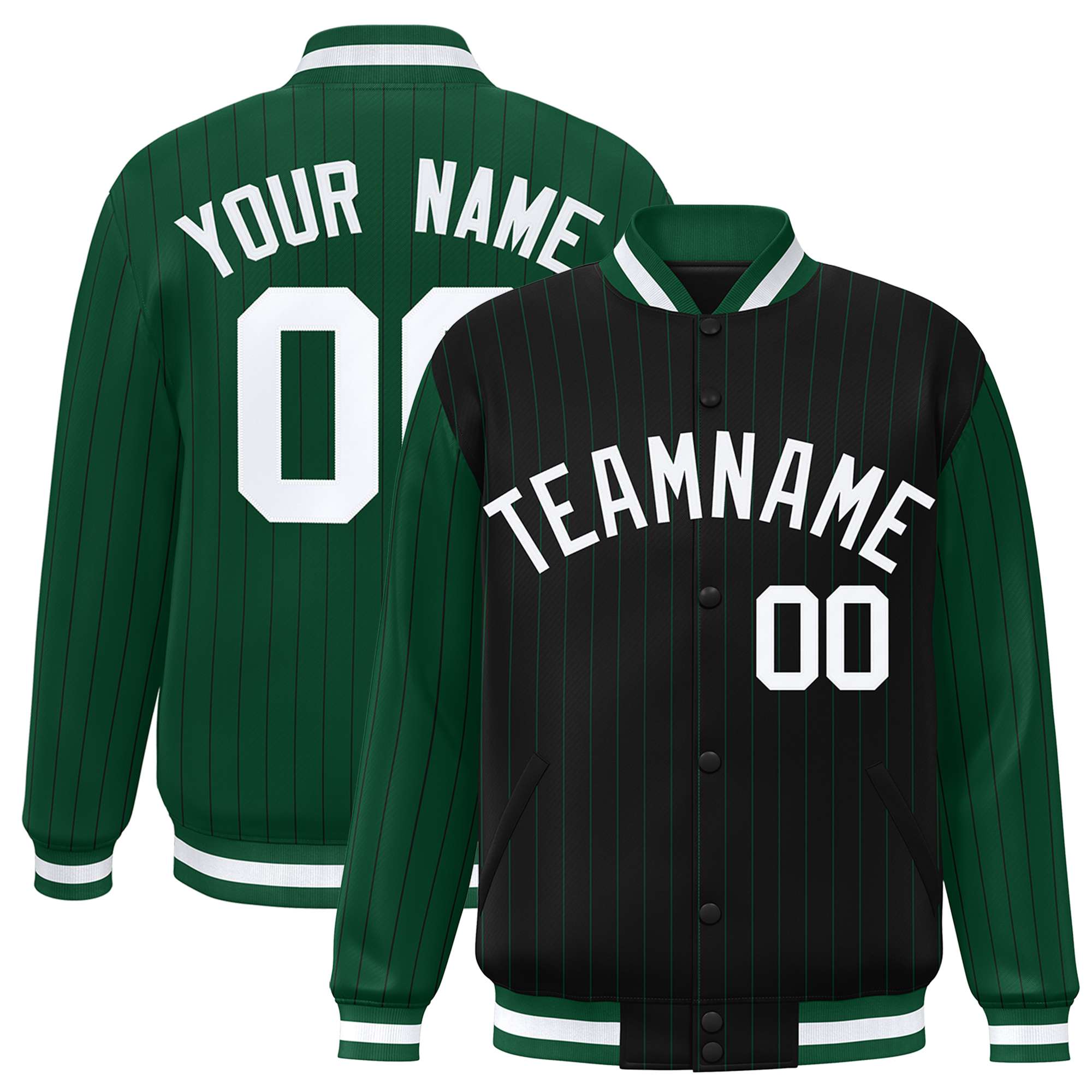 Custom Black Green Raglan Sleeves Varsity Full-Snap Pinstripe Letterman Baseball Jacket