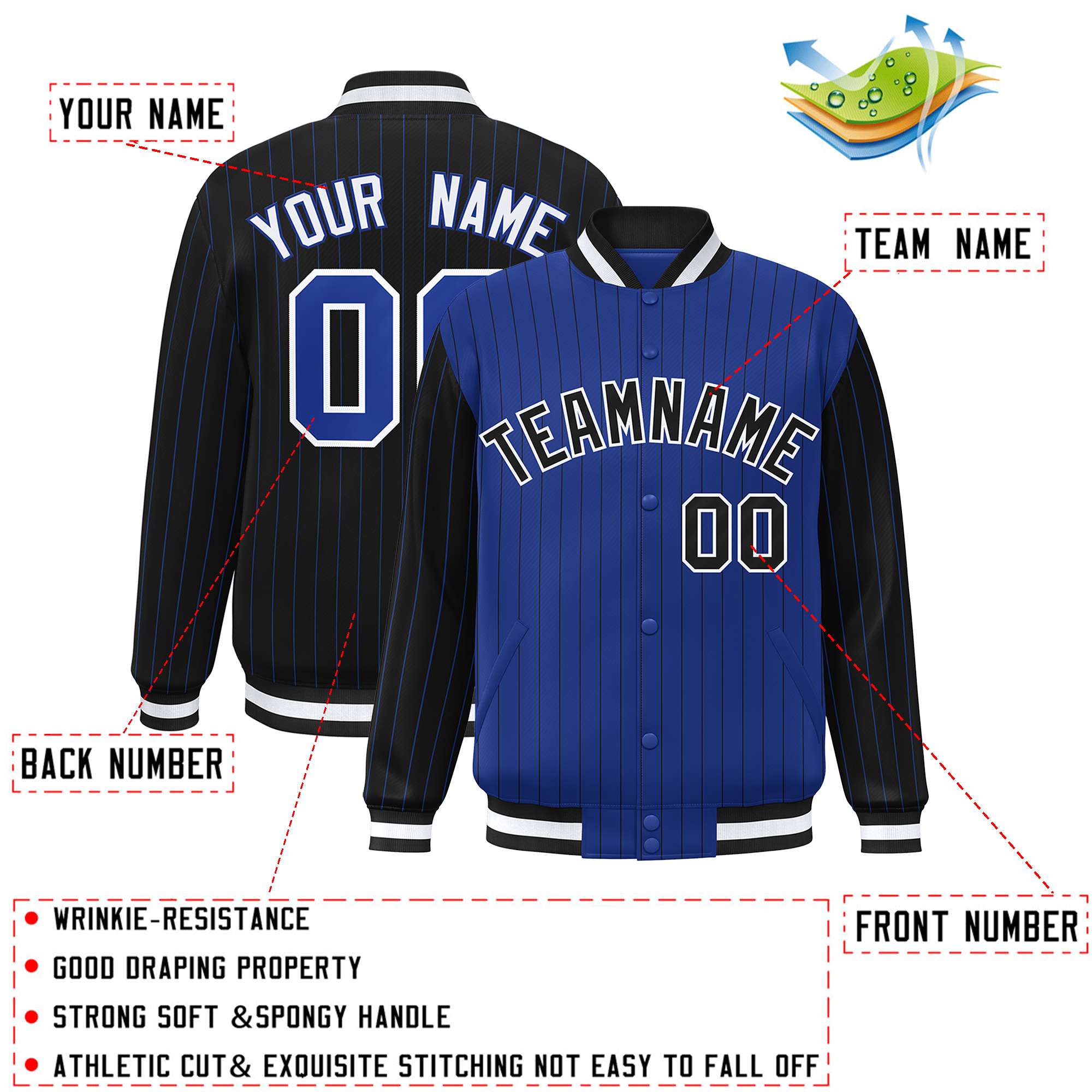 Custom Royal Black Raglan Sleeves Varsity Full-Snap Pinstripe Letterman Baseball Jacket