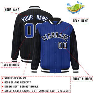 Custom Royal Black Raglan Sleeves Varsity Full-Snap Pinstripe Letterman Baseball Jacket