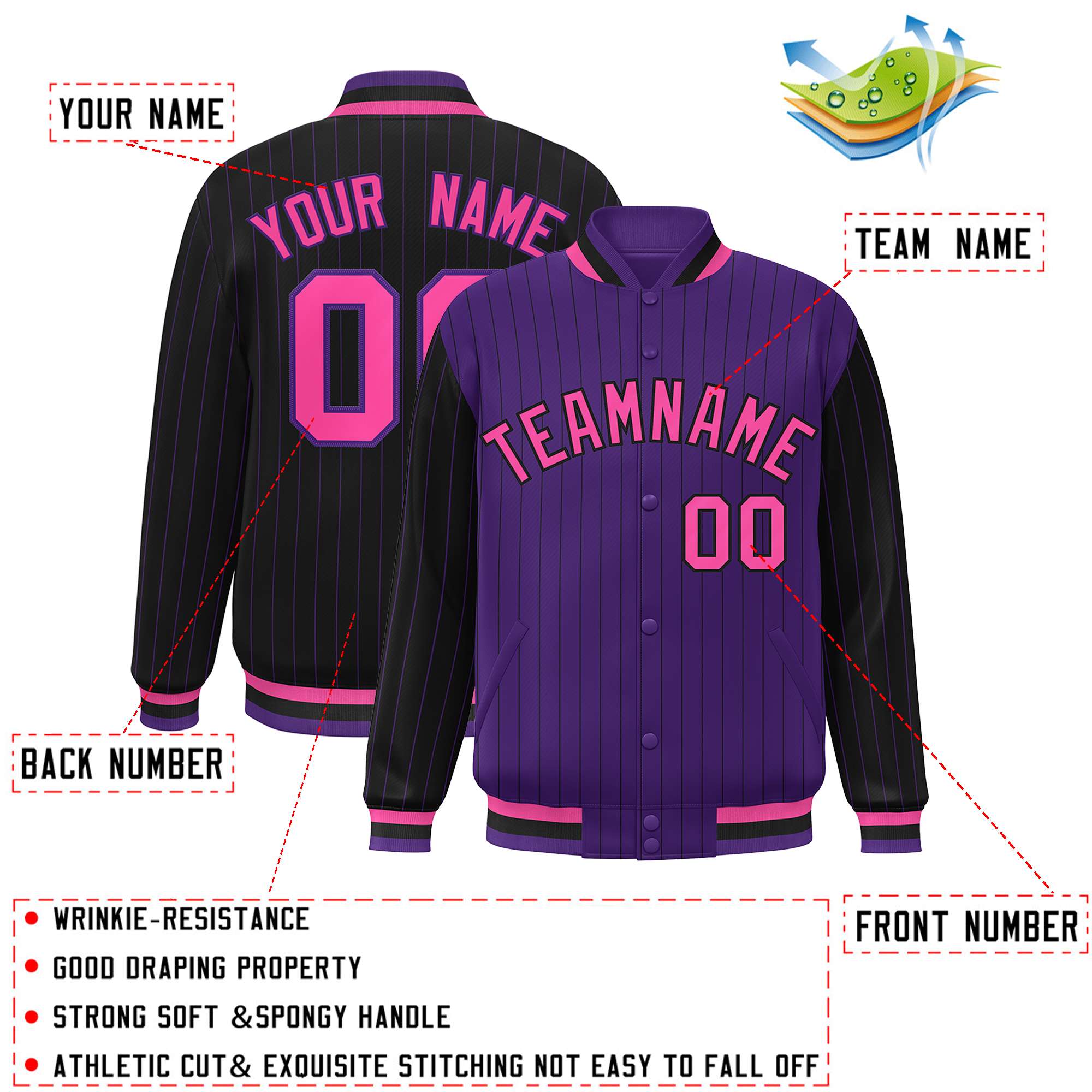 Custom Purple Black Raglan Sleeves Varsity Full-Snap Pinstripe Letterman Baseball Jacket