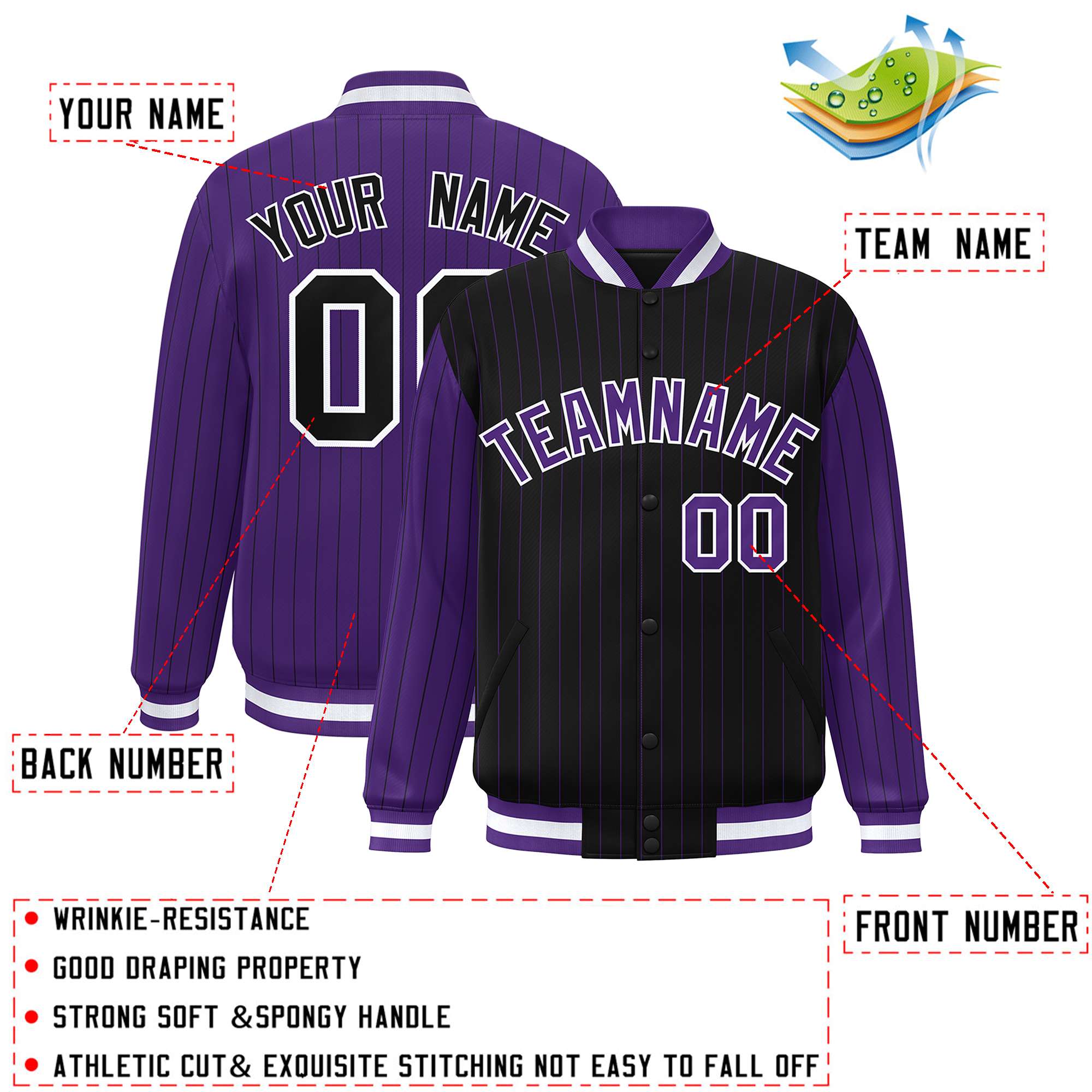 Custom Black Purple Raglan Sleeves Varsity Full-Snap Pinstripe Letterman Baseball Jacket