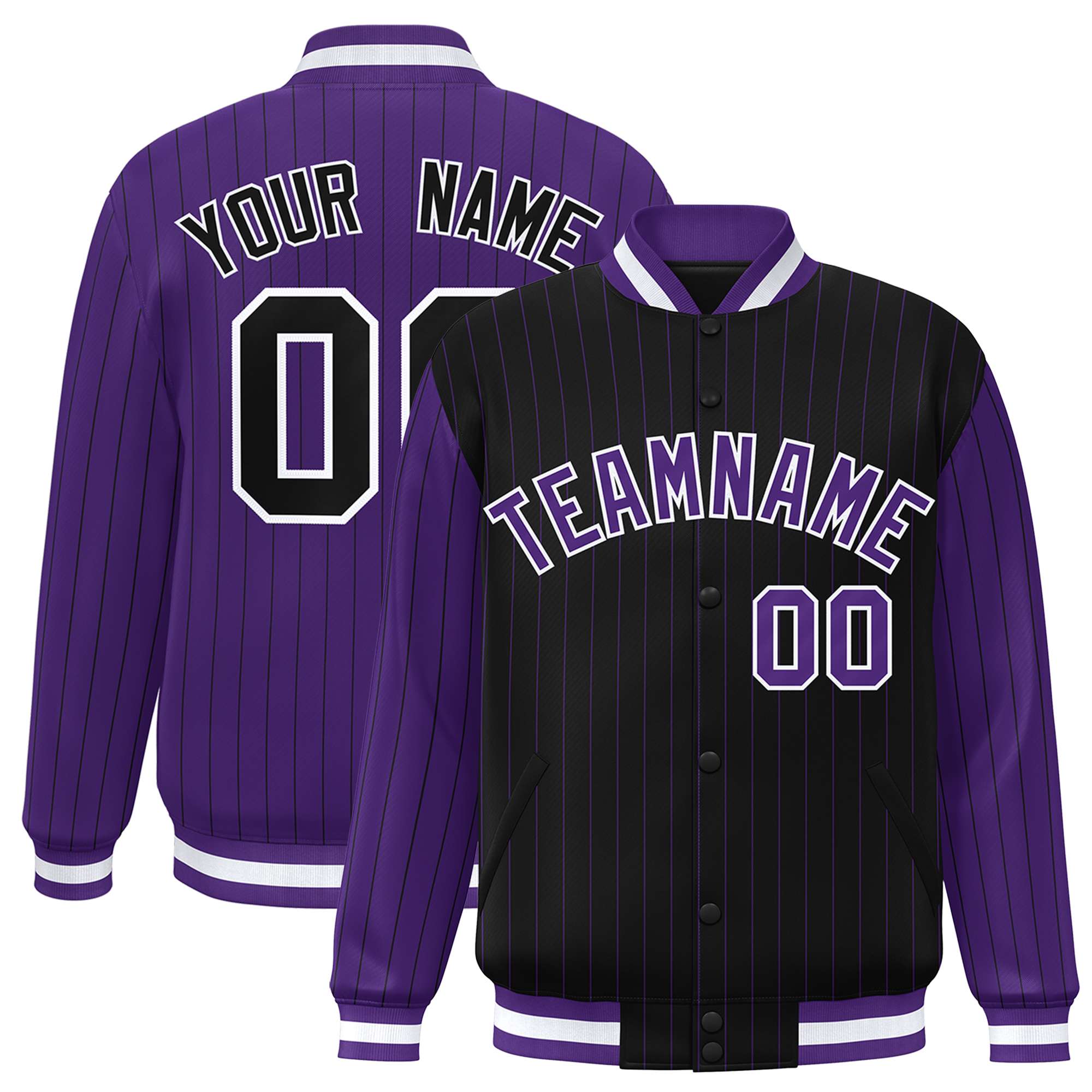 Custom Black Purple Raglan Sleeves Varsity Full-Snap Pinstripe Letterman Baseball Jacket