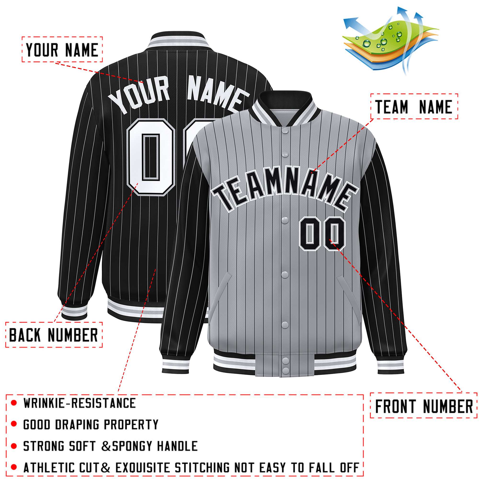 Custom Gray Black Raglan Sleeves Varsity Full-Snap Pinstripe Letterman Baseball Jacket