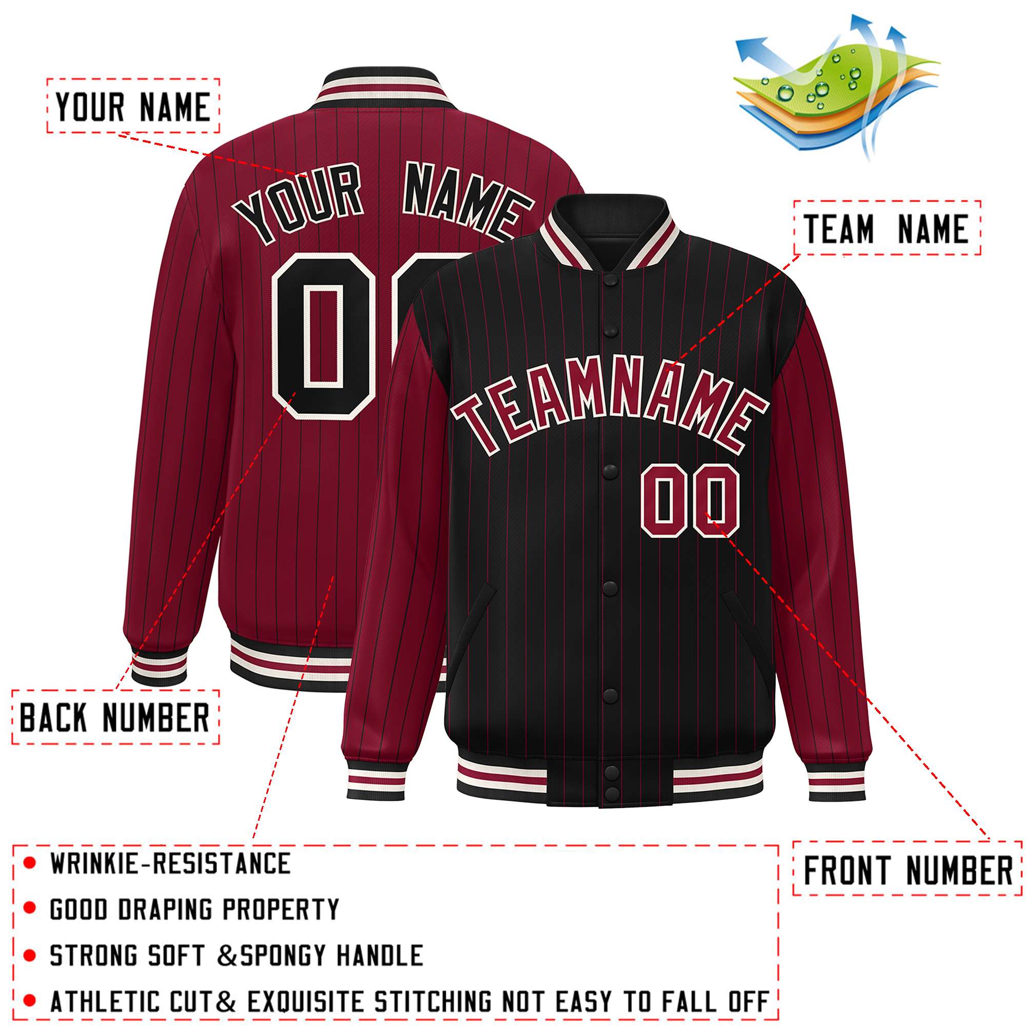 Custom Black Crimson Raglan Sleeves Varsity Full-Snap Pinstripe Letterman Baseball Jacket