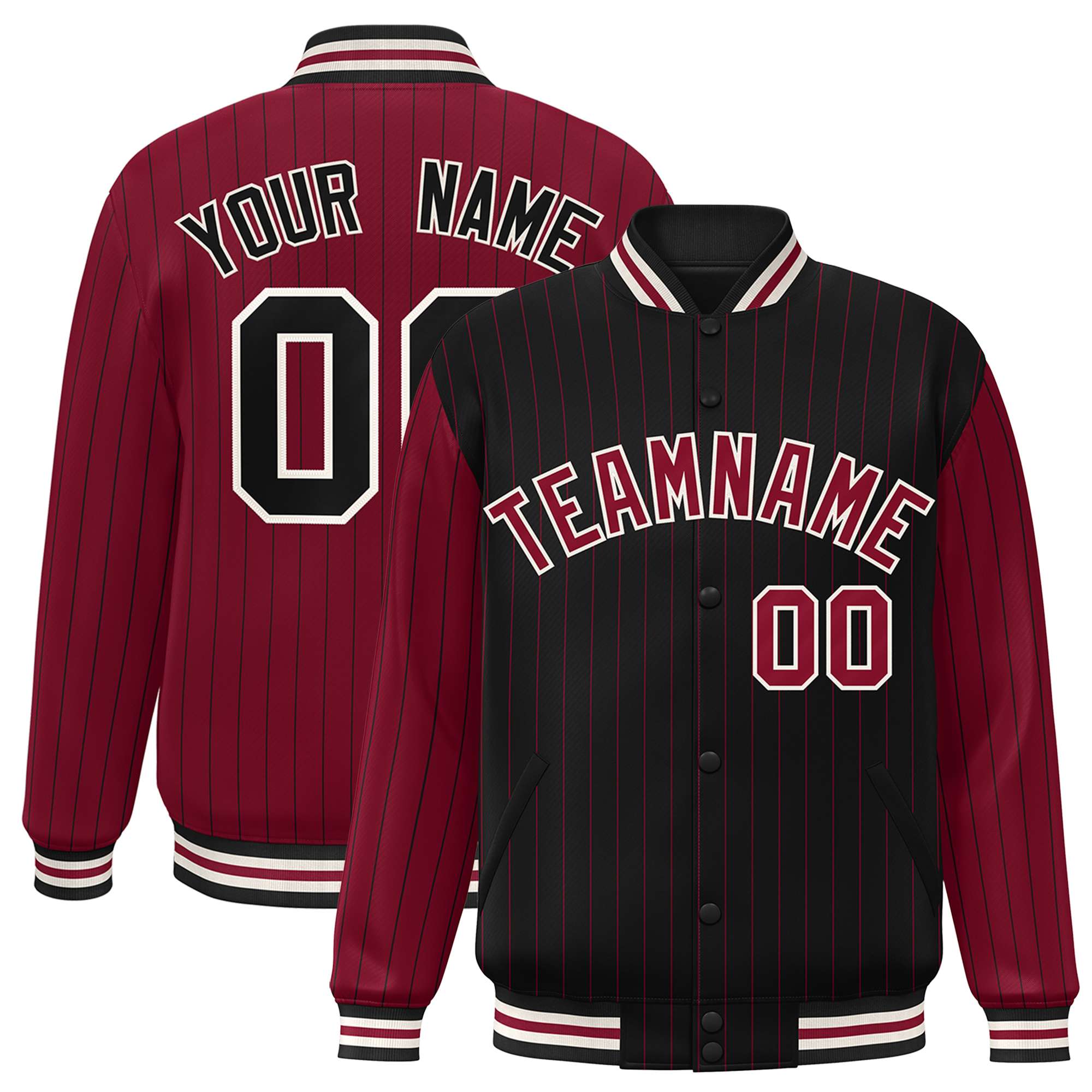 Custom Black Crimson Raglan Sleeves Varsity Full-Snap Pinstripe Letterman Baseball Jacket