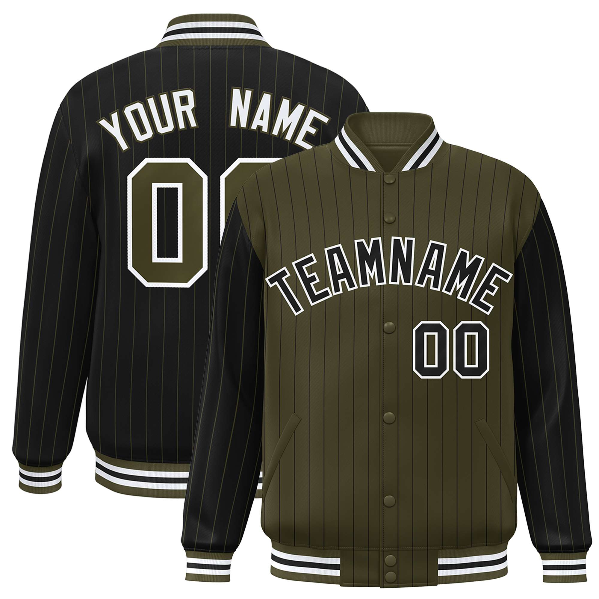 Custom Olive Black Raglan Sleeves Varsity Full-Snap Pinstripe Letterman Baseball Jacket