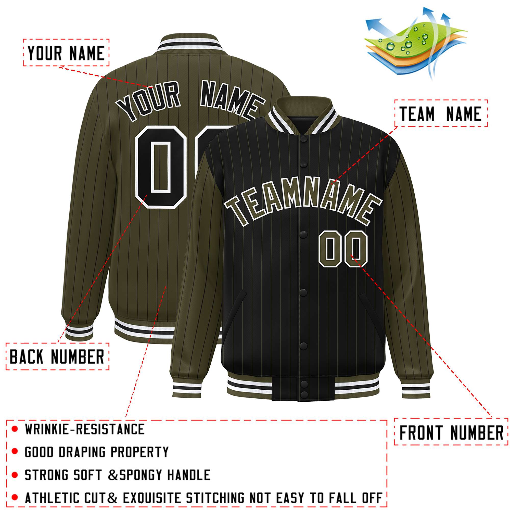 Custom Black Olive Raglan Sleeves Varsity Full-Snap Pinstripe Letterman Baseball Jacket